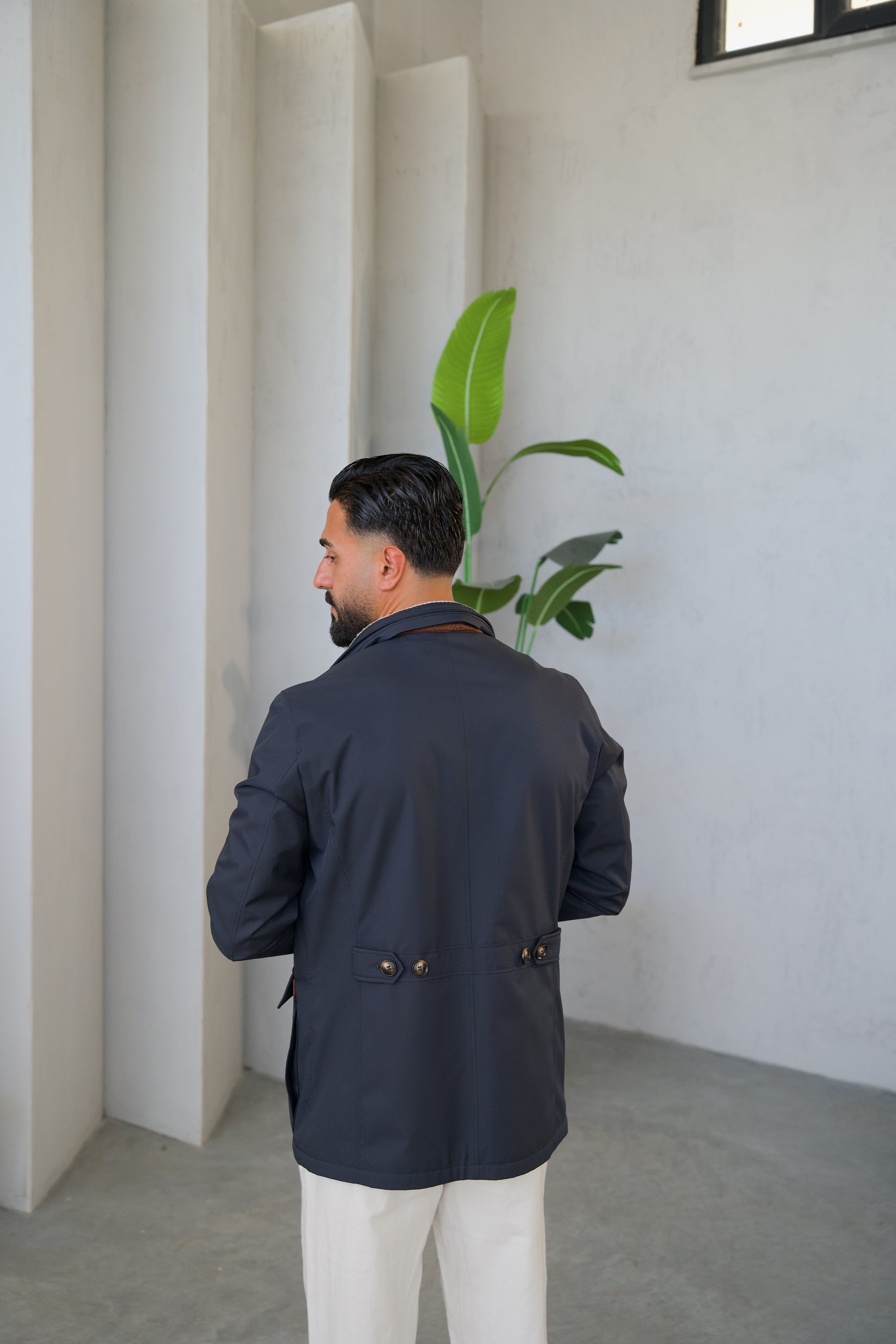 Men's Jacket with Double Pockets and Knitted Collar