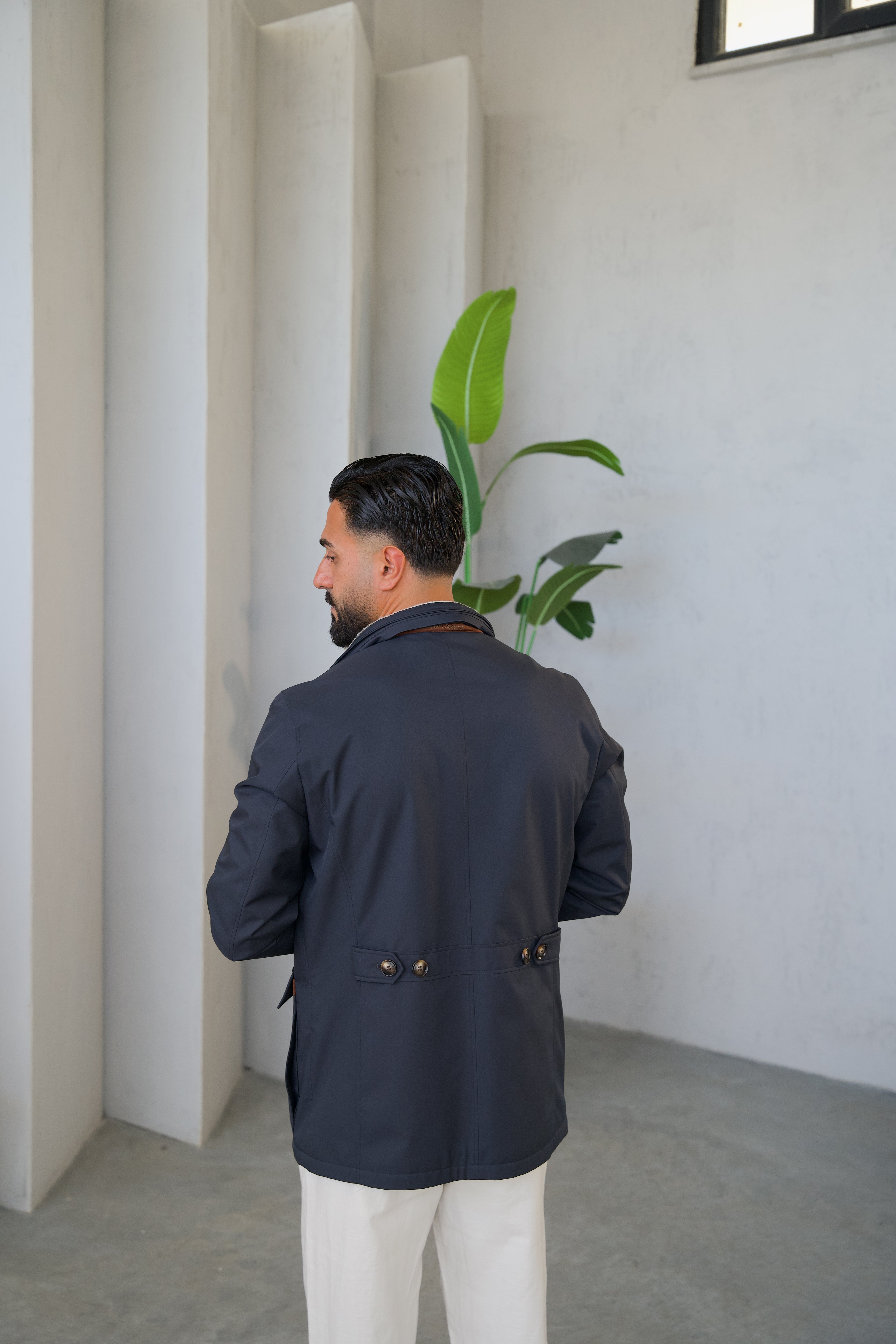 Men's Jacket with Double Pockets and Knitted Collar