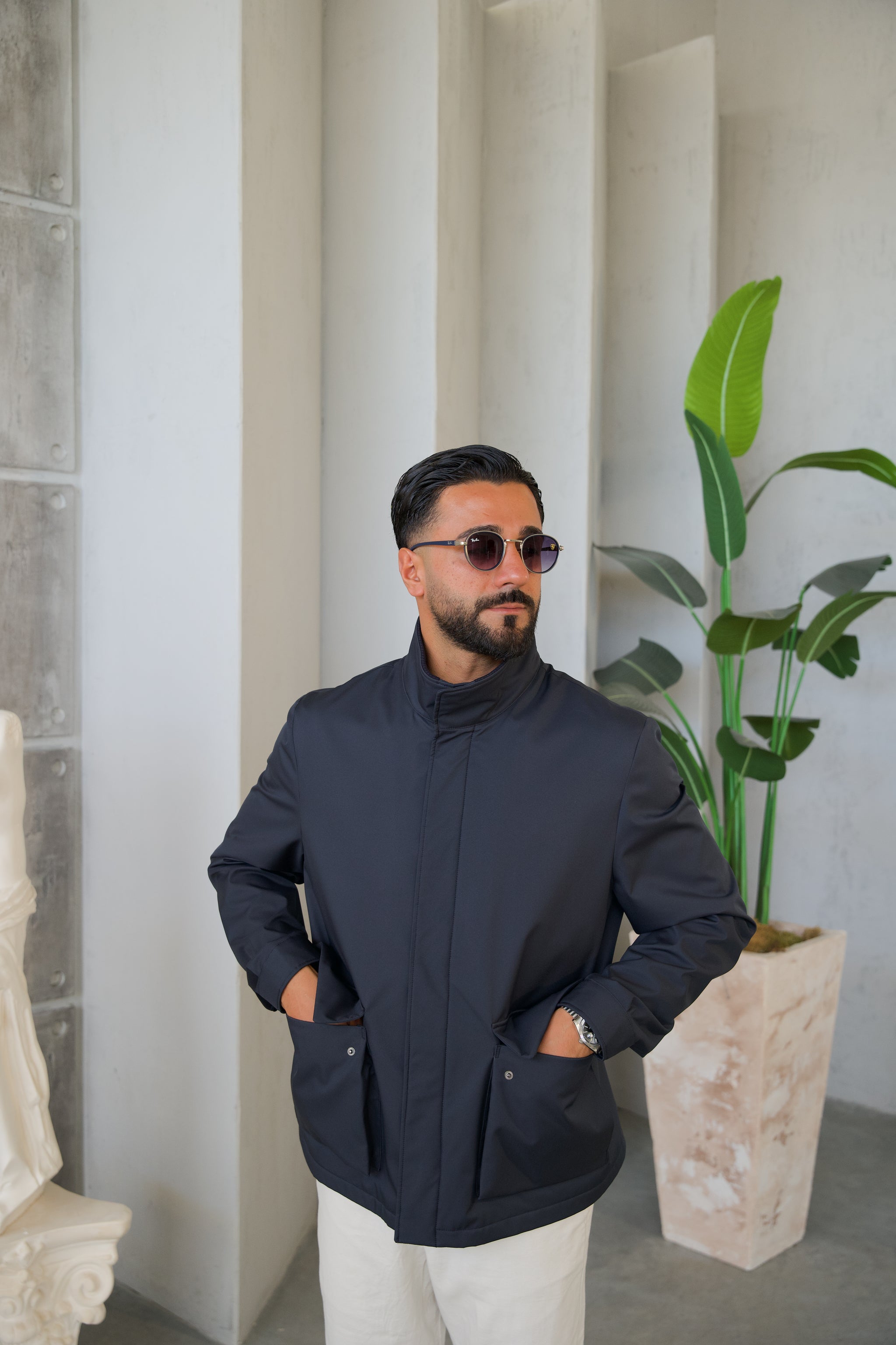 Men's Jacket with Double Pockets and Knitted Collar