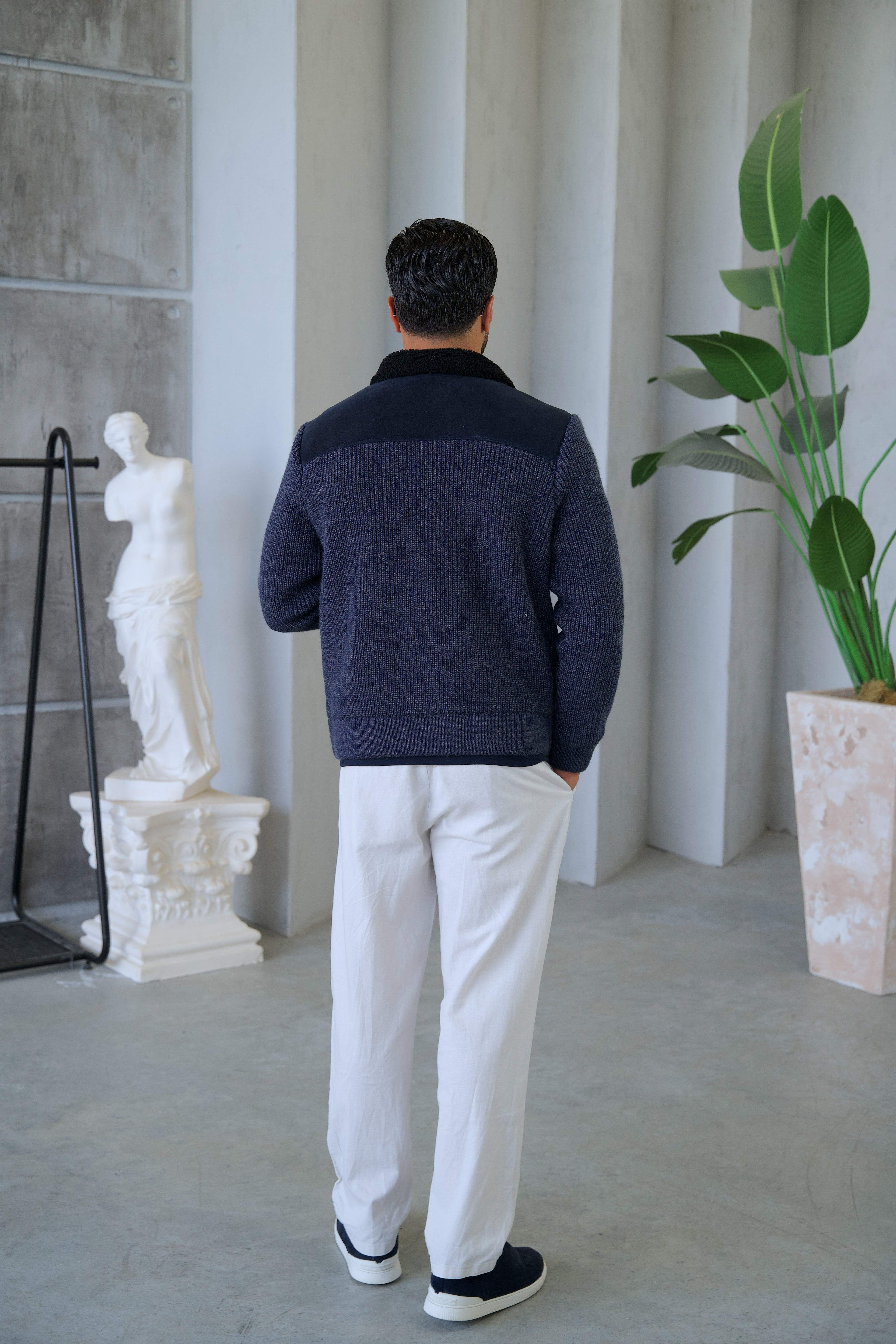 Suede Leather and Knit Fabric Lining Sheep Fur Men's Jacket