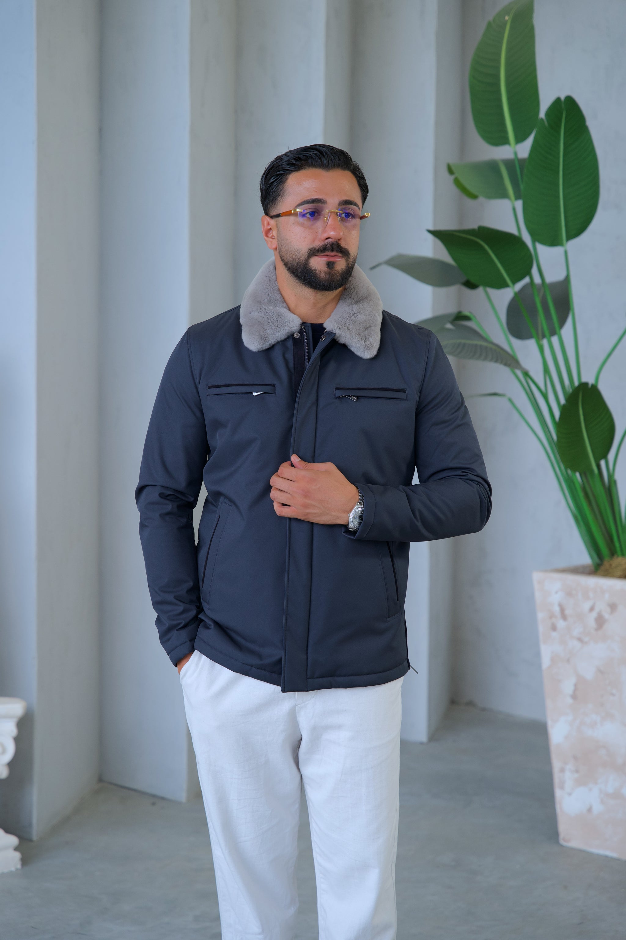 Men's Waterproof Jacket with Rabbit Fur Details