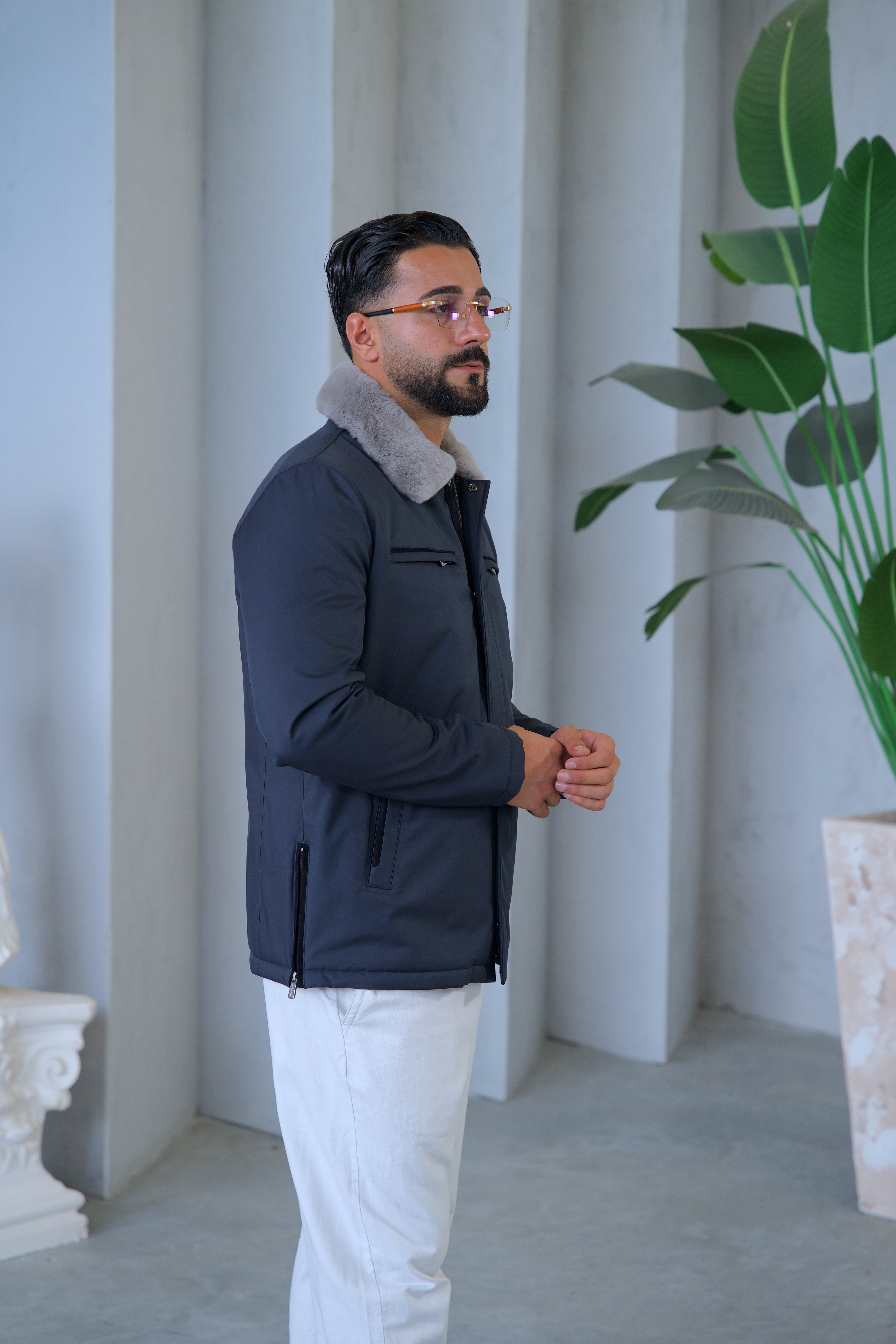 Men's Waterproof Jacket with Rabbit Fur Details