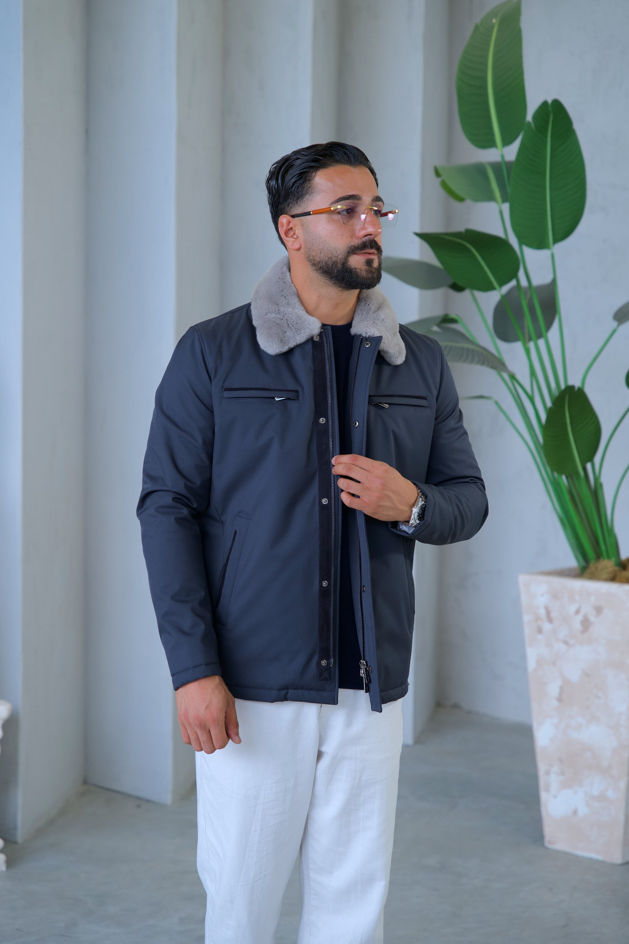 Men's Waterproof Jacket with Rabbit Fur Details