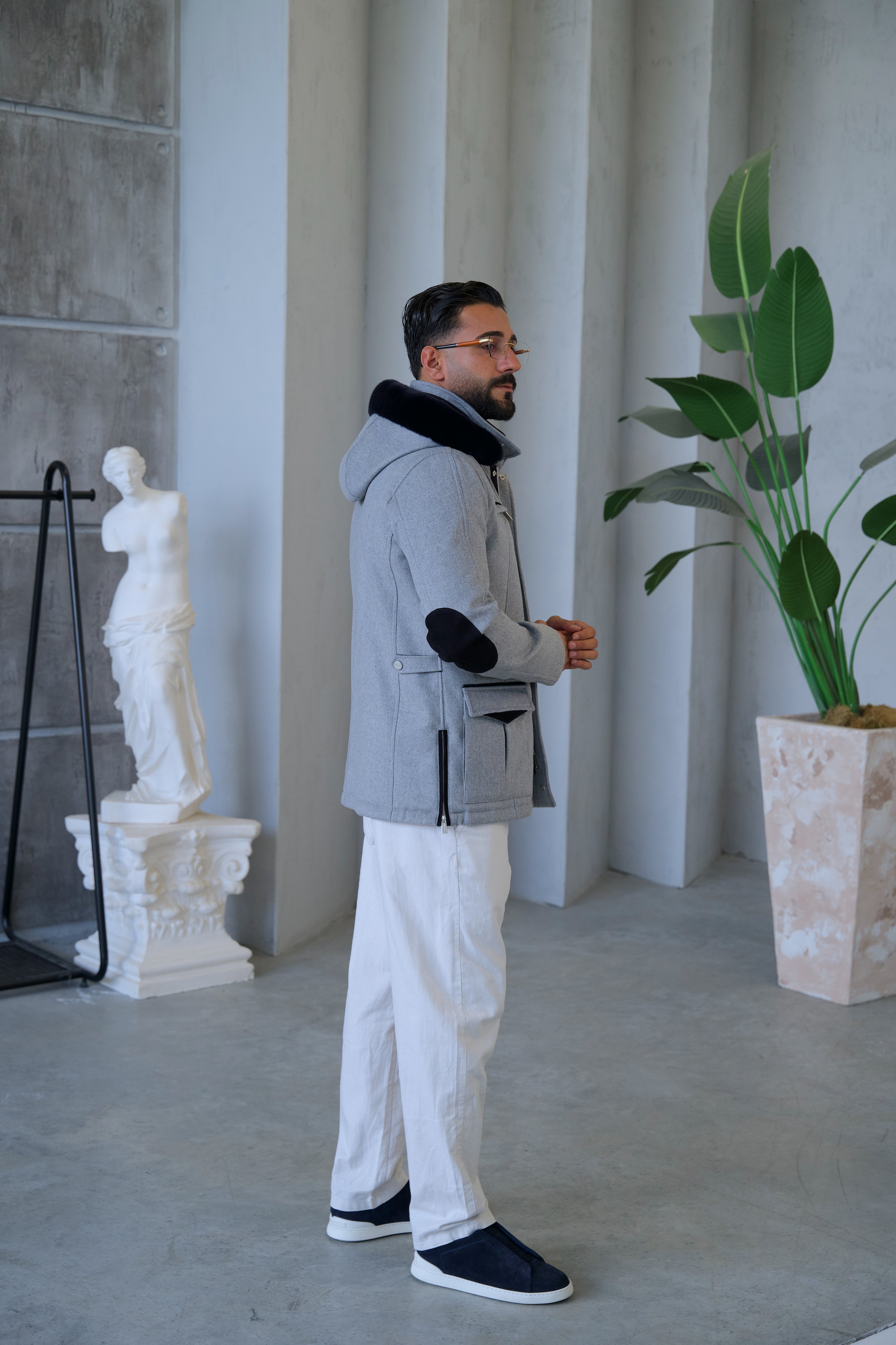 Cashmere Stylish Hooded Jacket with Knitted Lining and Rabbit Fur Trim