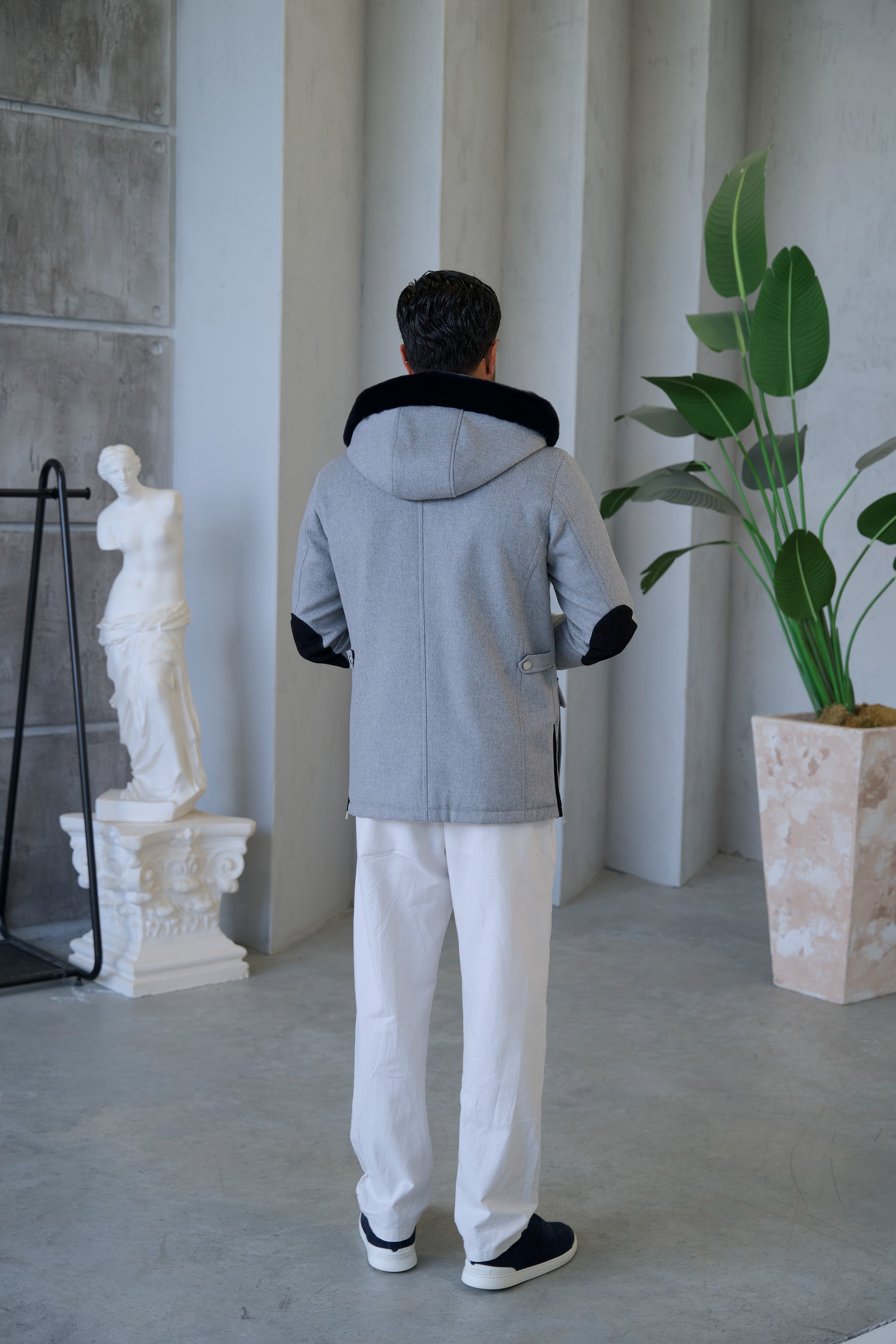 Cashmere Stylish Hooded Jacket with Knitted Lining and Rabbit Fur Trim