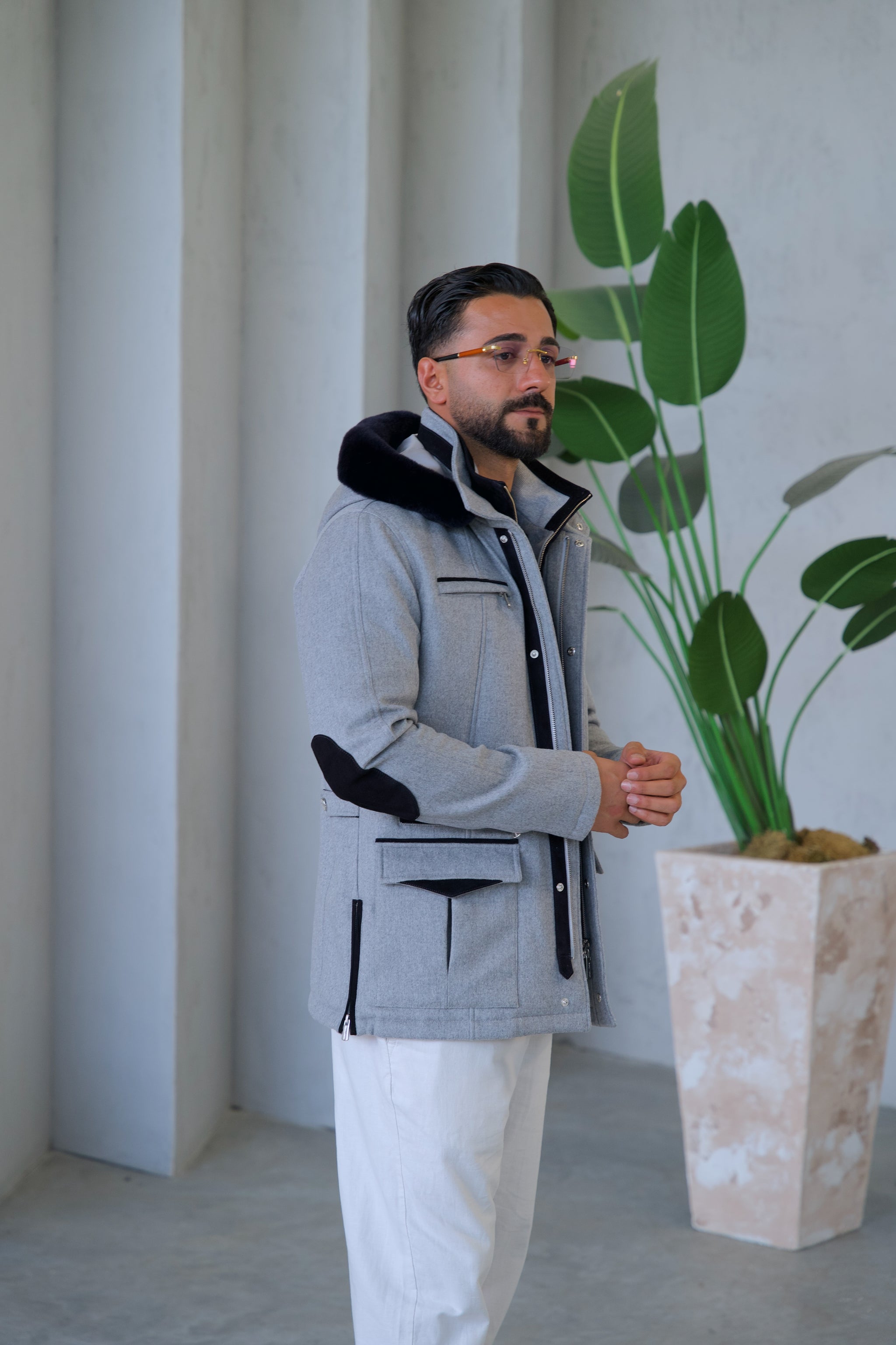 Cashmere Stylish Hooded Jacket with Knitted Lining and Rabbit Fur Trim