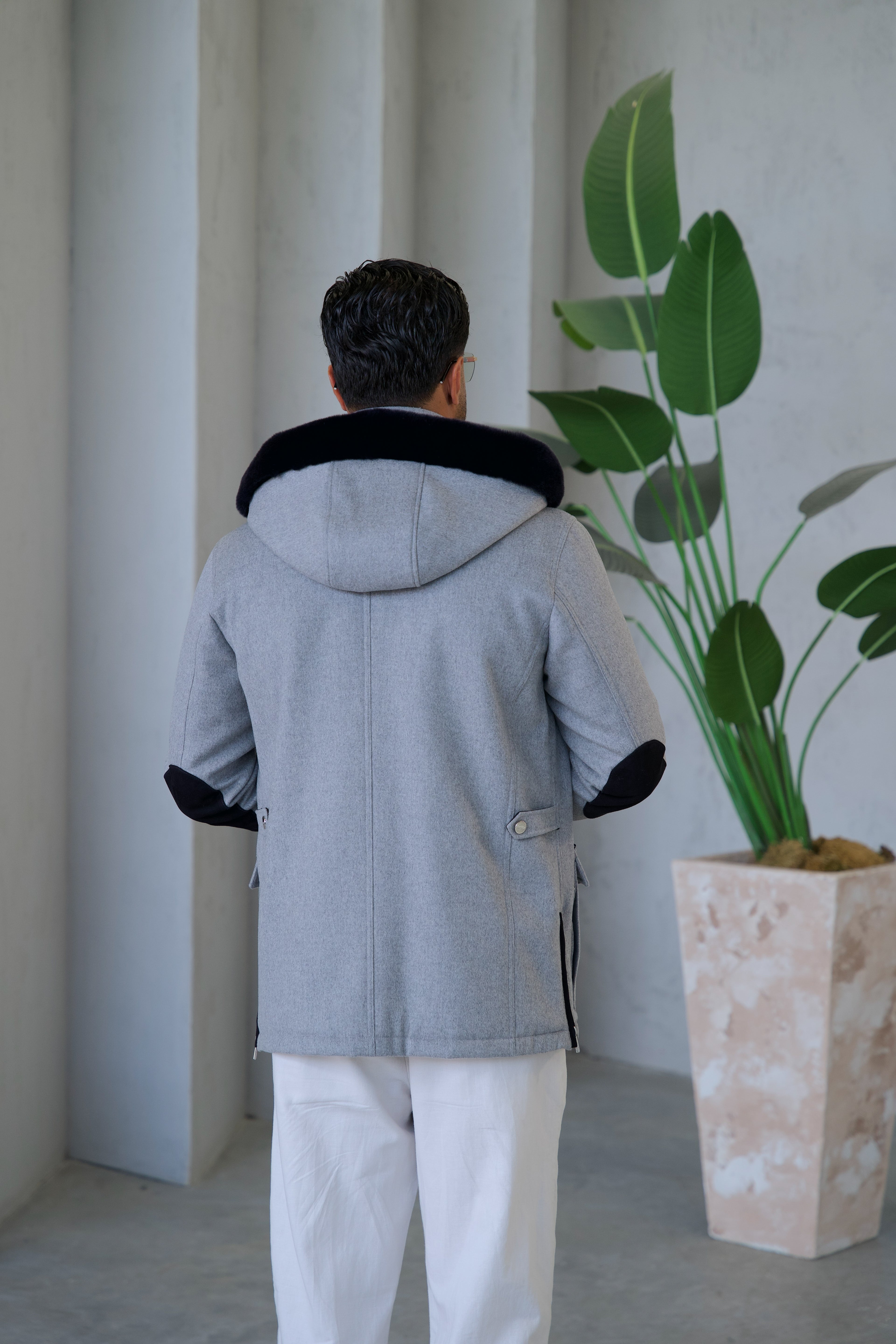 Cashmere Stylish Hooded Jacket with Knitted Lining and Rabbit Fur Trim