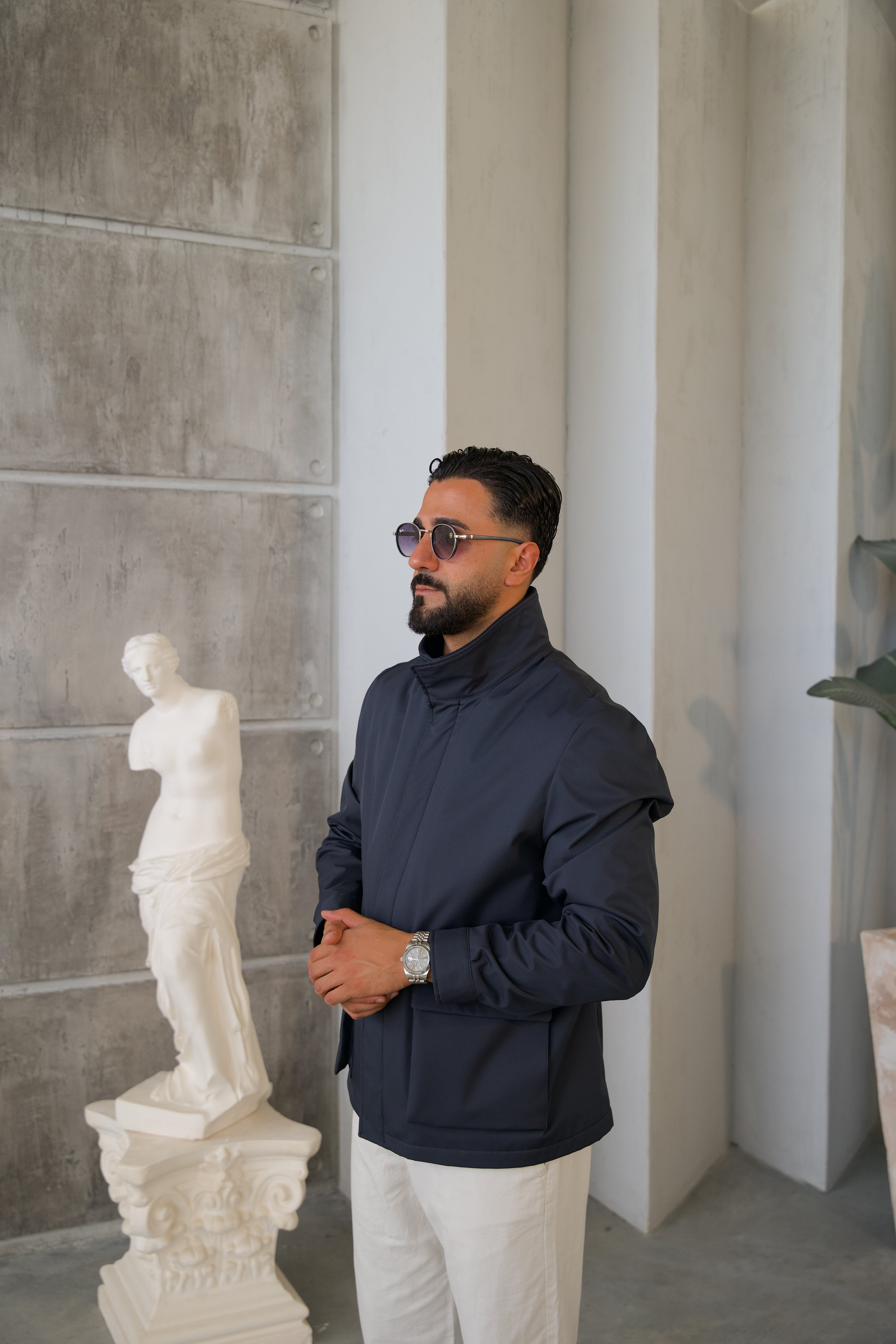 Men's Jacket with Double Pockets and Knitted Collar