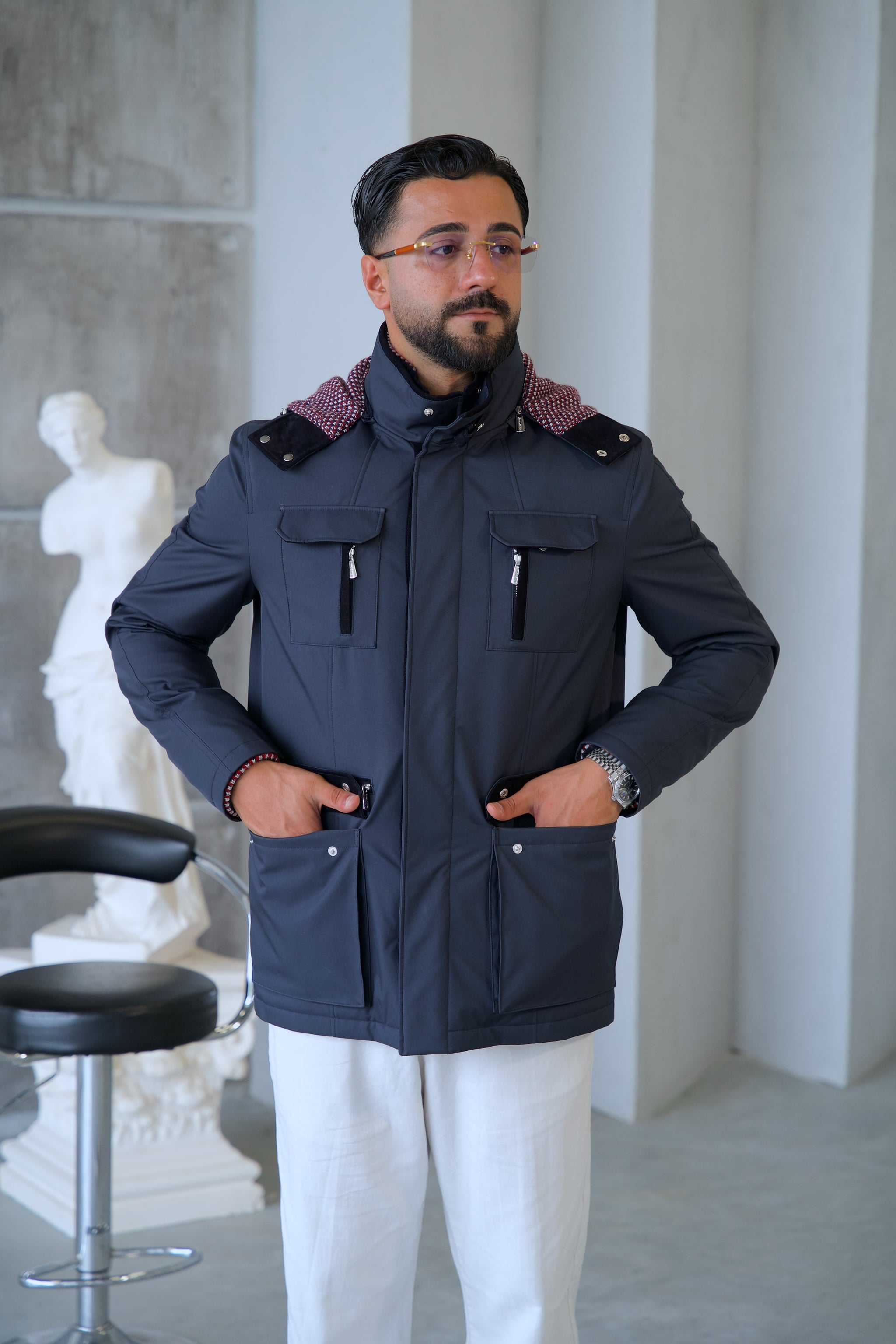 Men's Waterproof Hooded Jacket with Rabbit Fur Trim