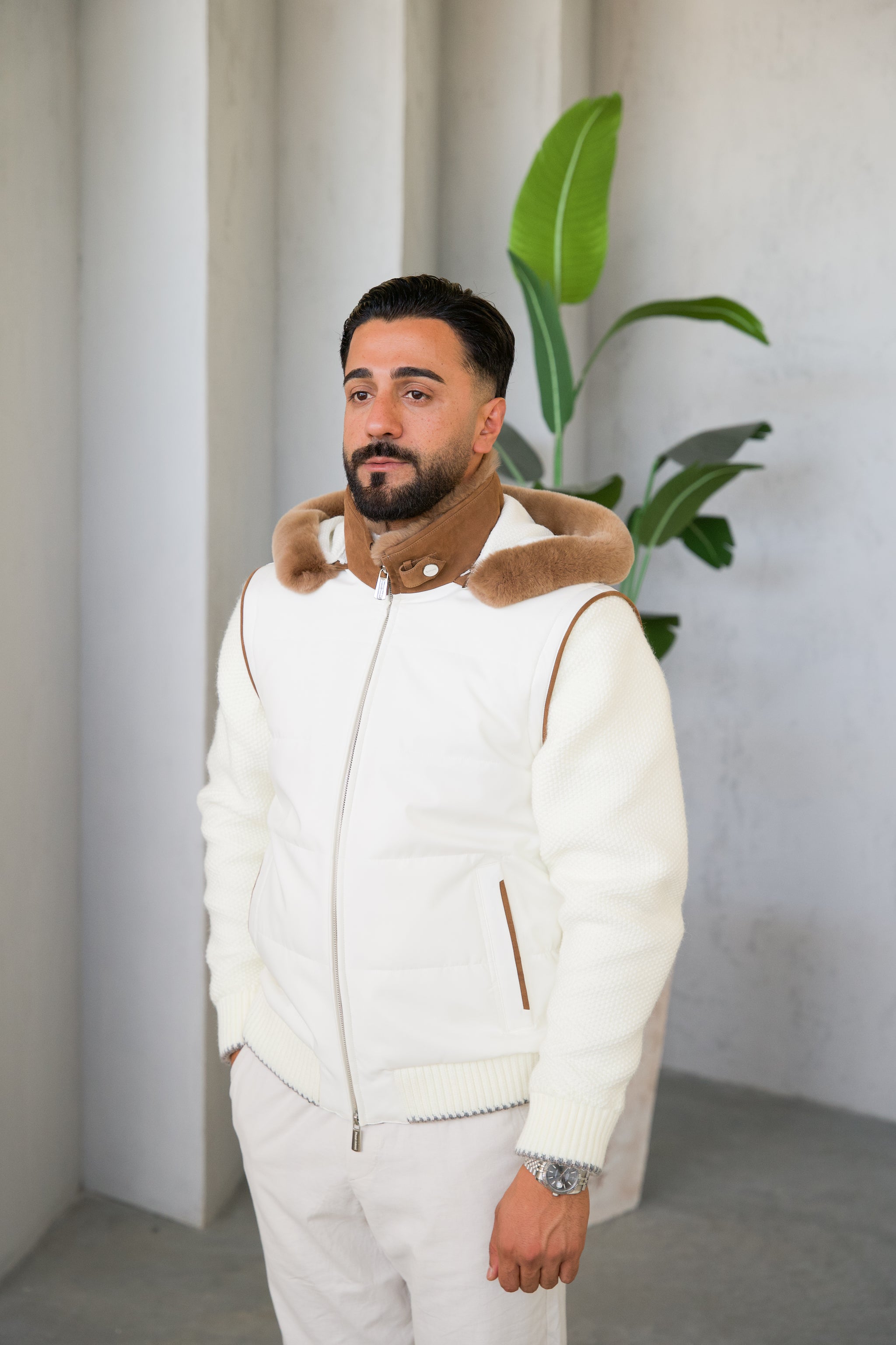 Men's Waterproof Fabric Hooded Jacket with Fur Lining, Knitted Sleeves