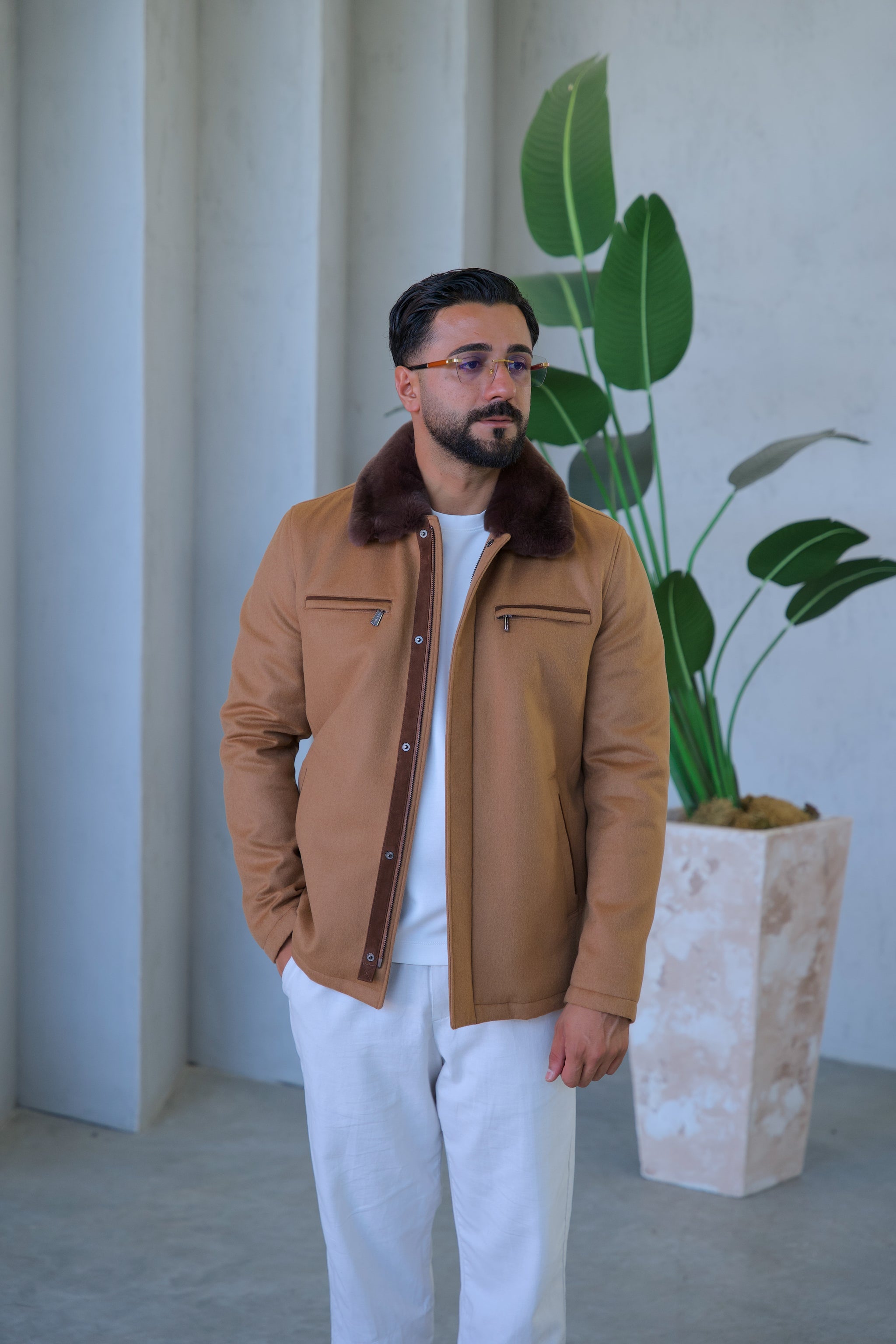 Men's Cashmere Jacket with Rabbit Fur Details
