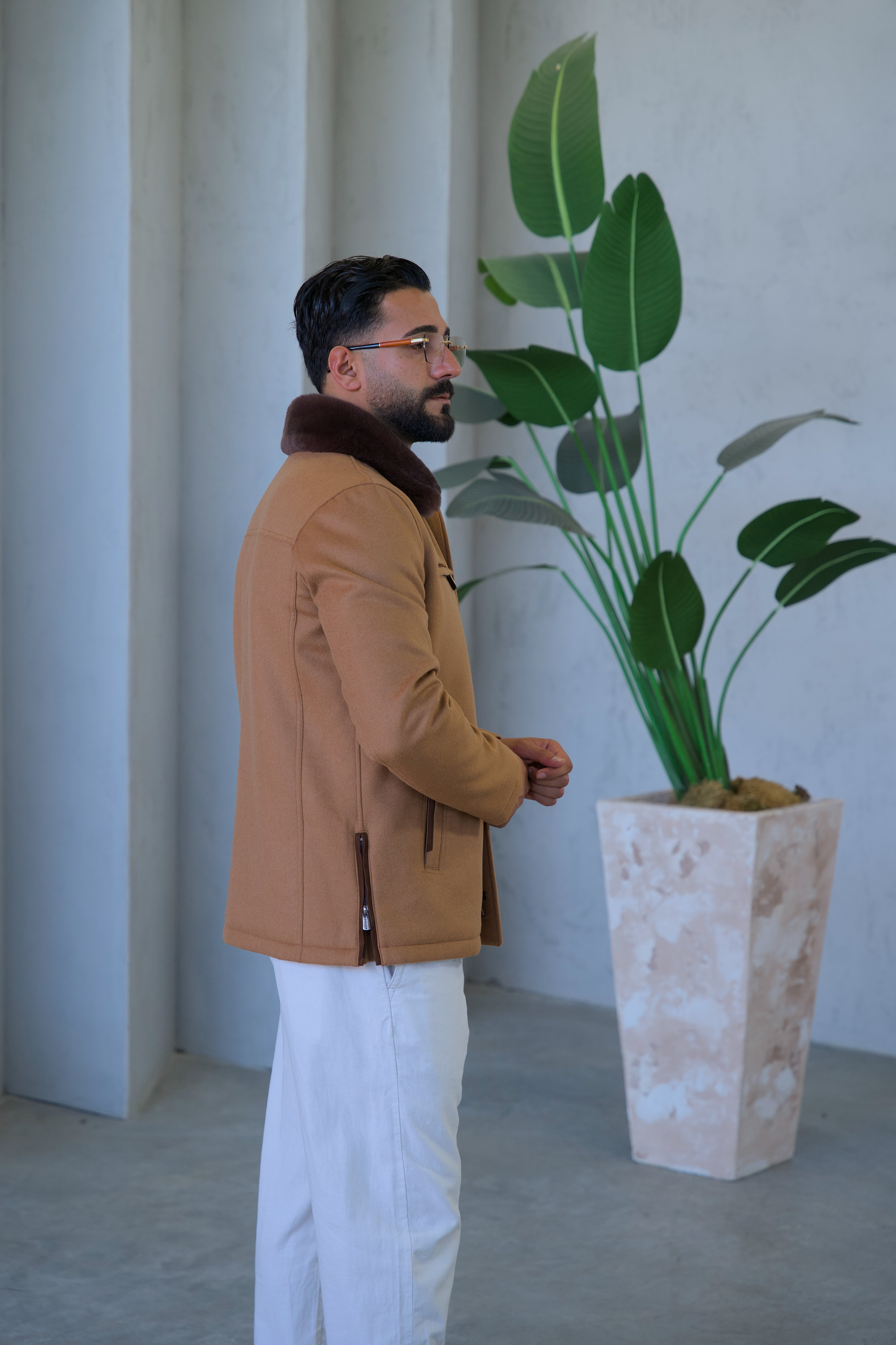 Men's Cashmere Jacket with Rabbit Fur Details