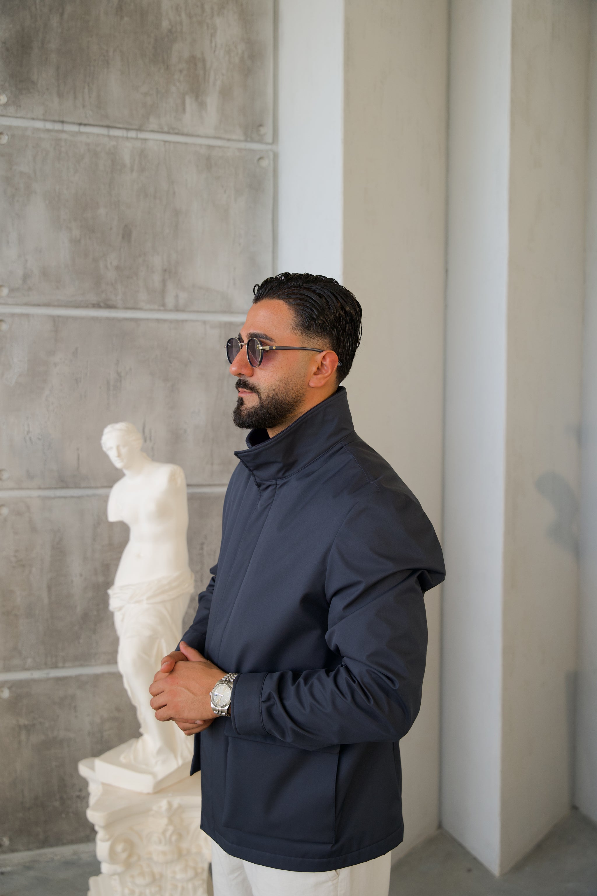 Men's Jacket with Double Pockets and Knitted Collar