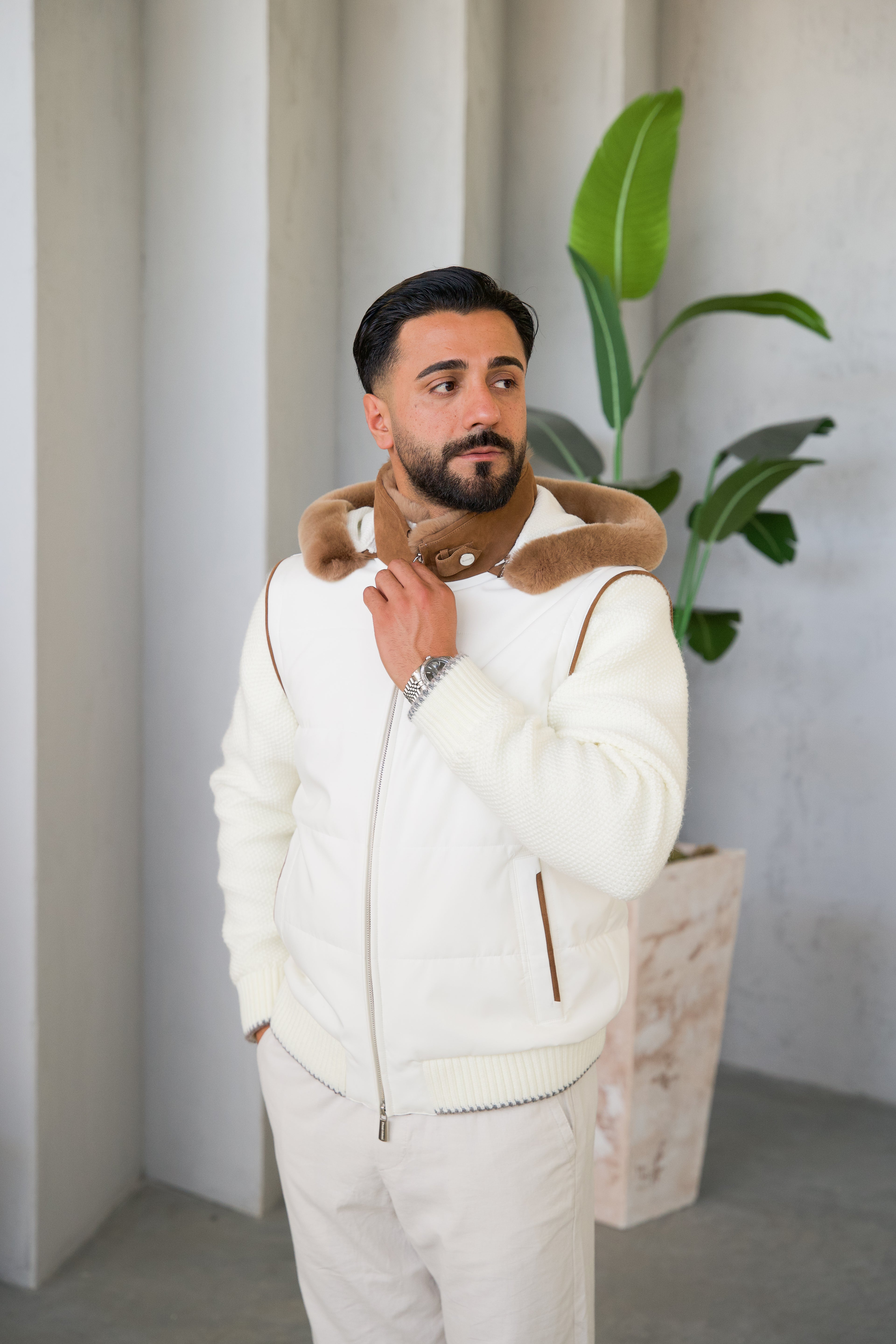 Men's Waterproof Fabric Hooded Jacket with Fur Lining, Knitted Sleeves