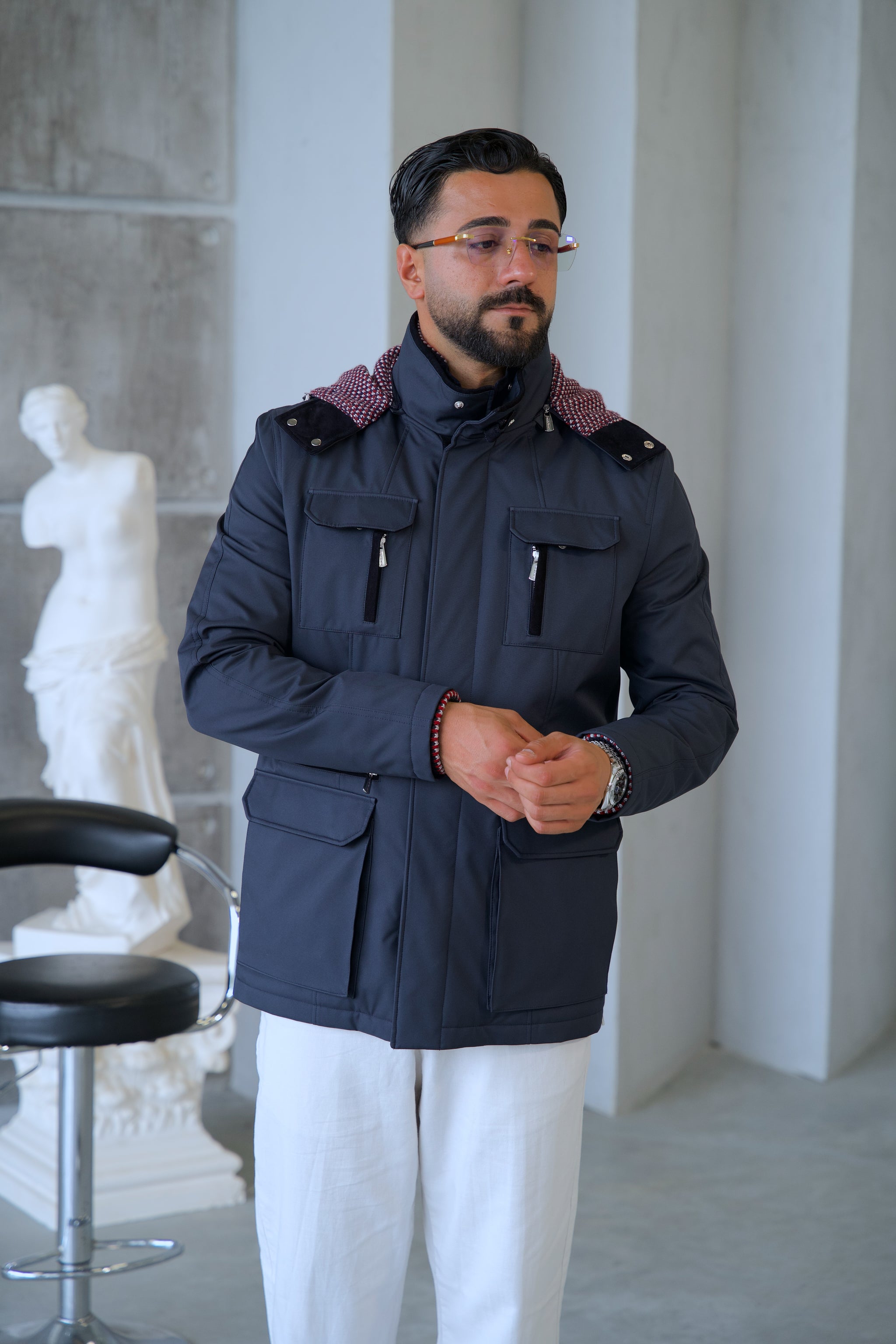 Men's Waterproof Hooded Jacket with Rabbit Fur Trim