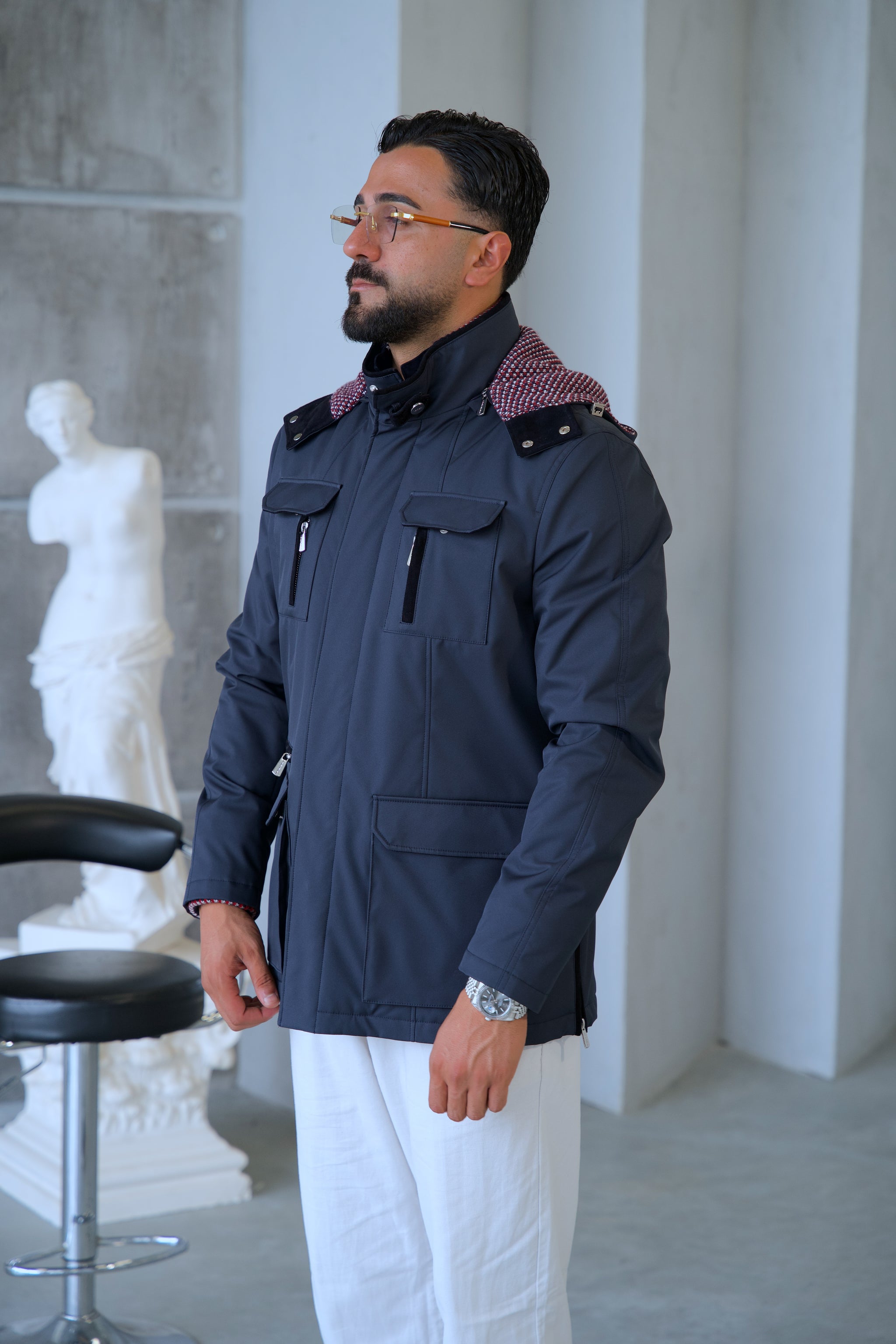 Men's Waterproof Hooded Jacket with Rabbit Fur Trim