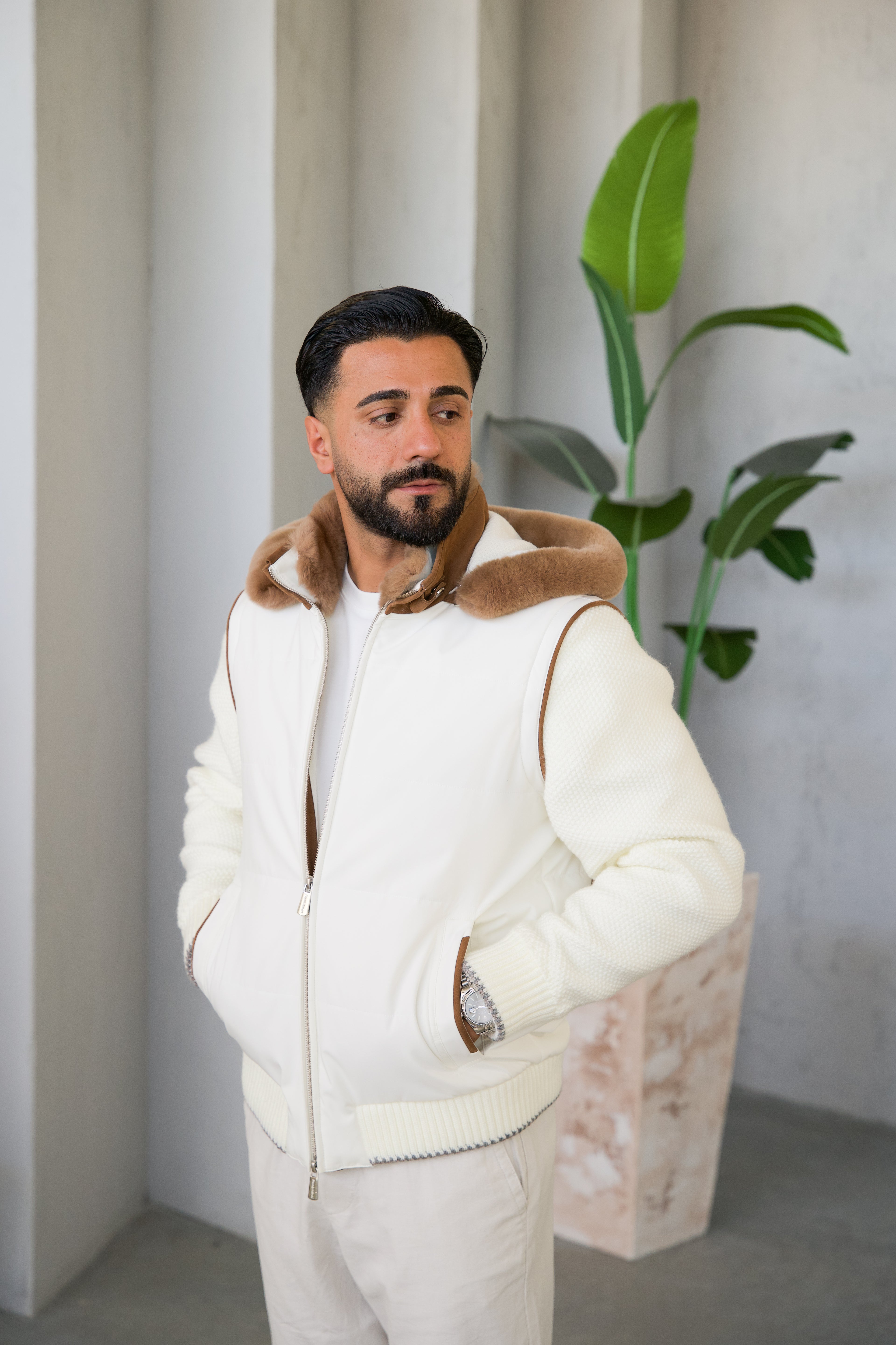 Men's Waterproof Fabric Hooded Jacket with Fur Lining, Knitted Sleeves