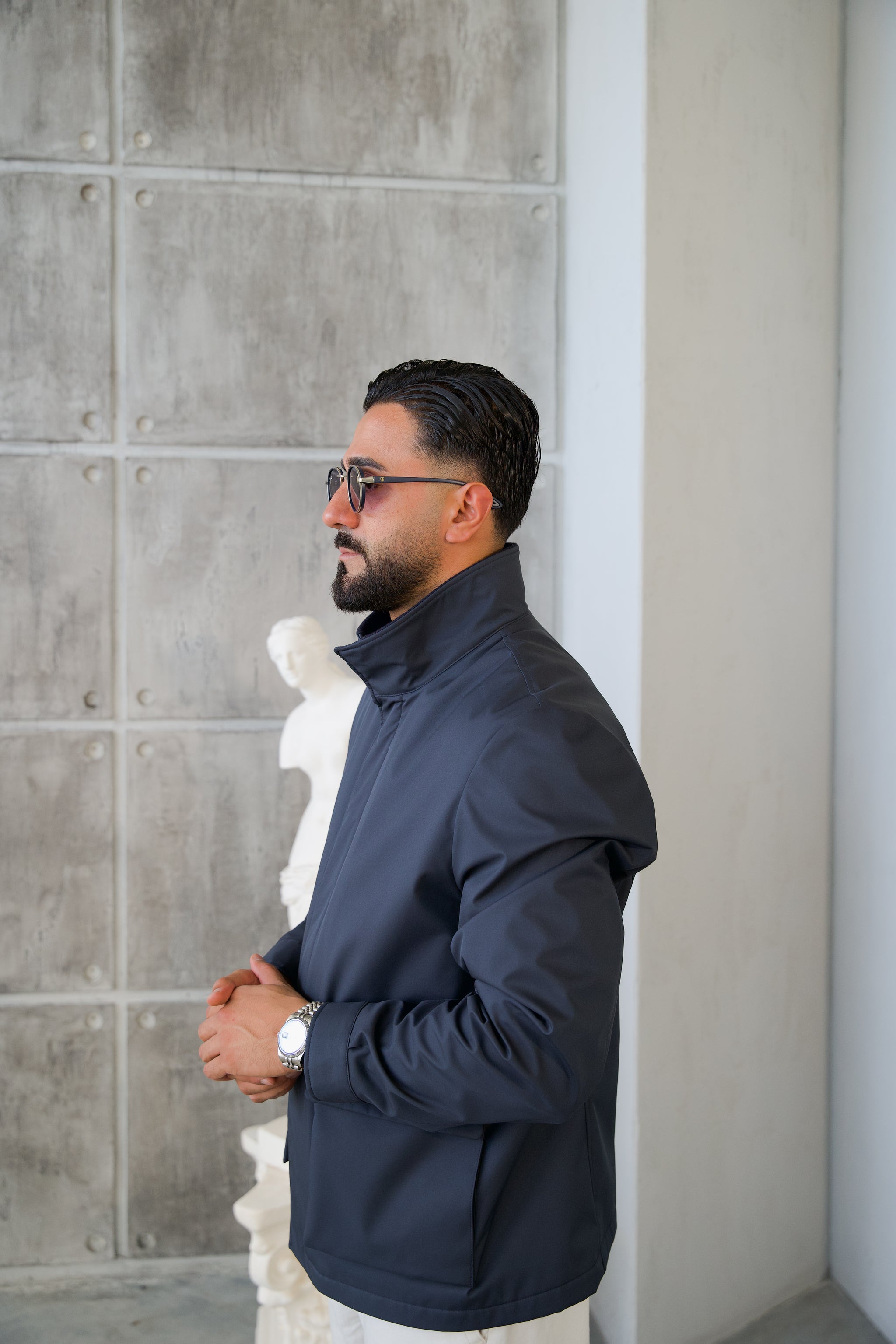 Men's Jacket with Double Pockets and Knitted Collar