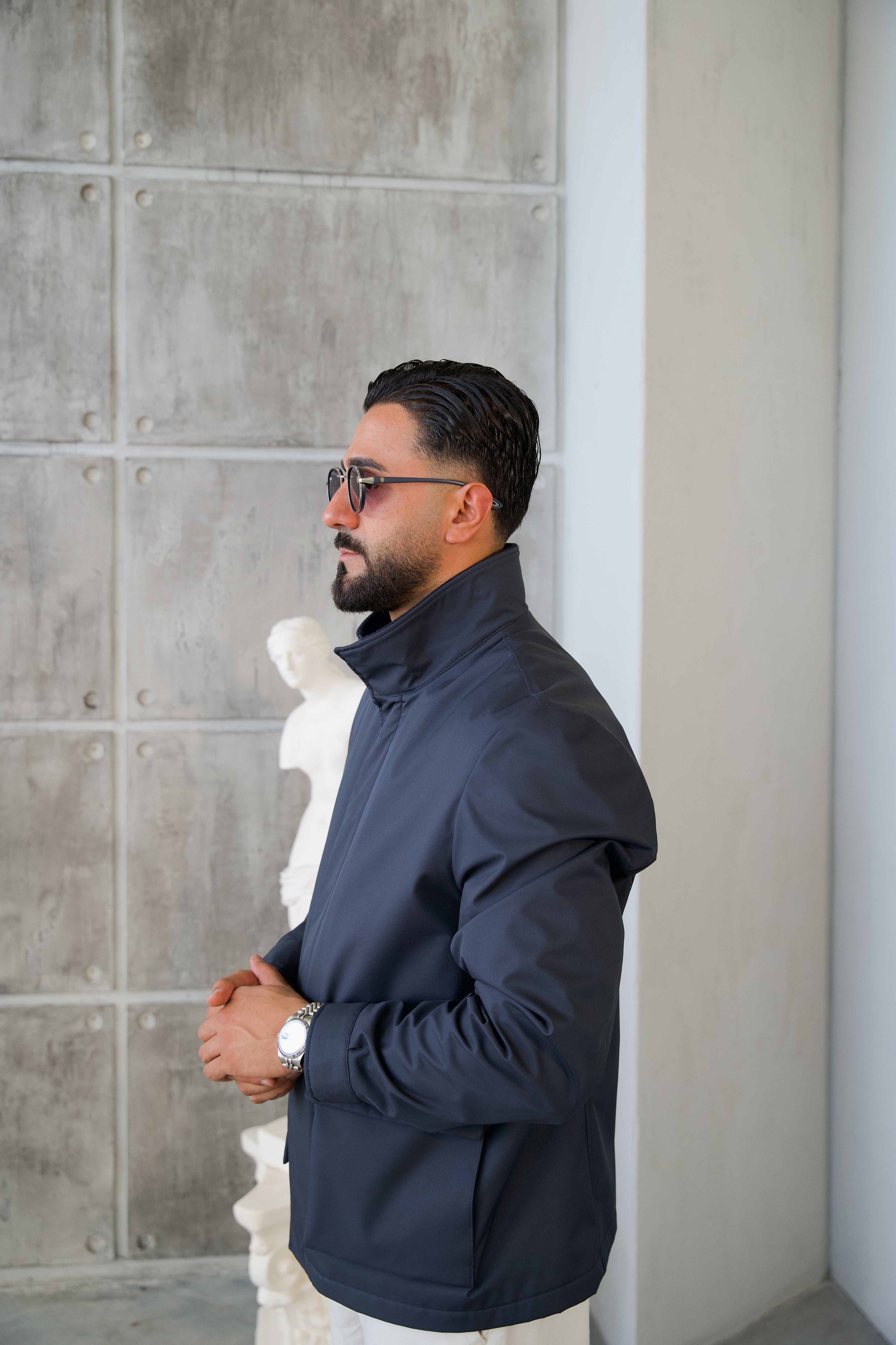 Men's Jacket with Double Pockets and Knitted Collar