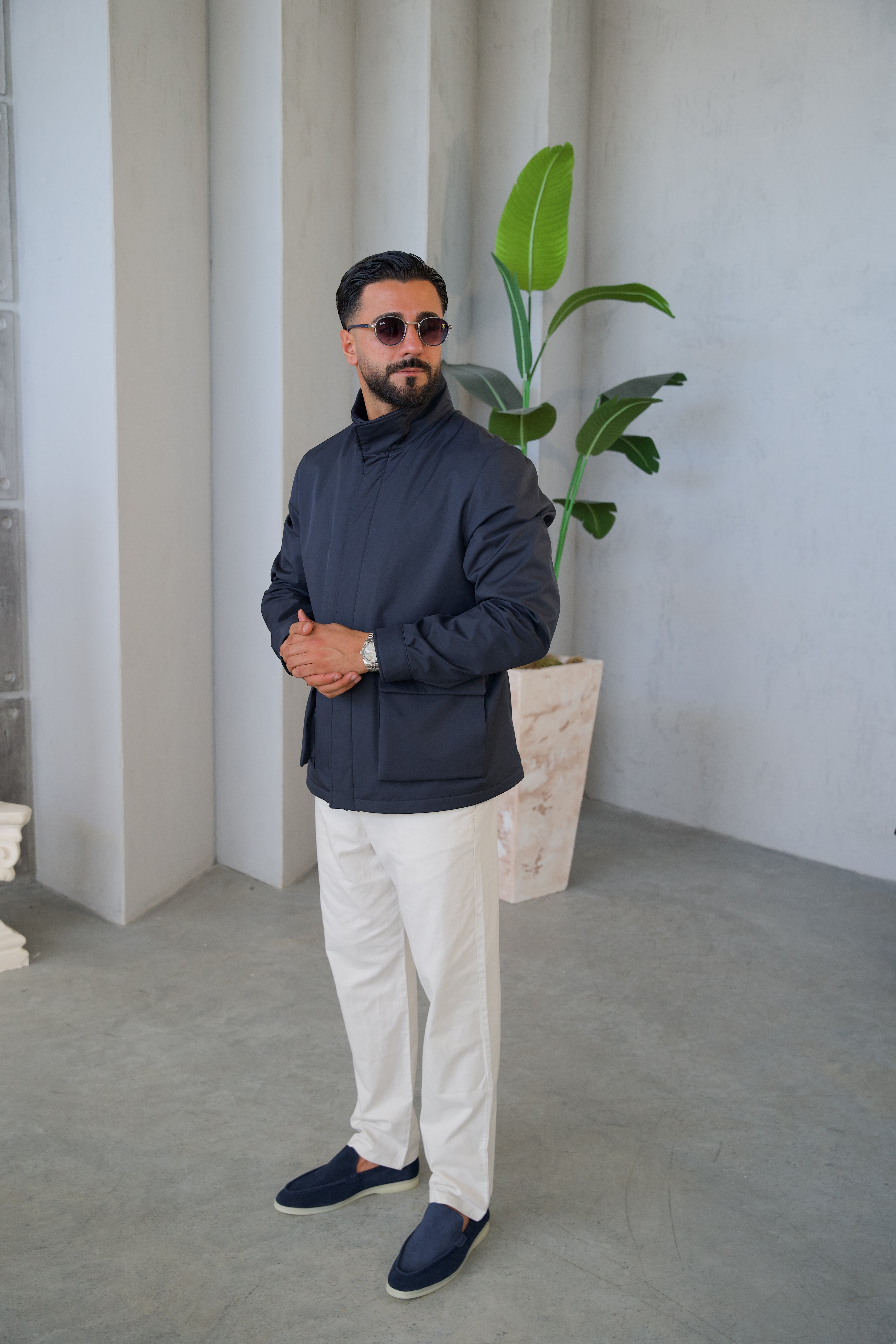 Men's Jacket with Double Pockets and Knitted Collar