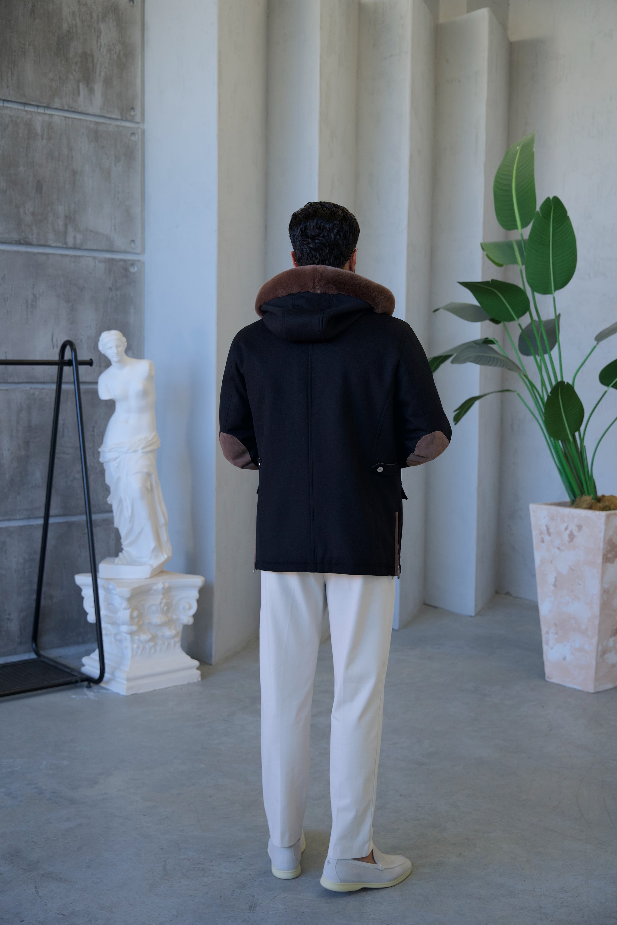 Cashmere Stylish Hooded Jacket with Knitted Lining and Rabbit Fur Trim
