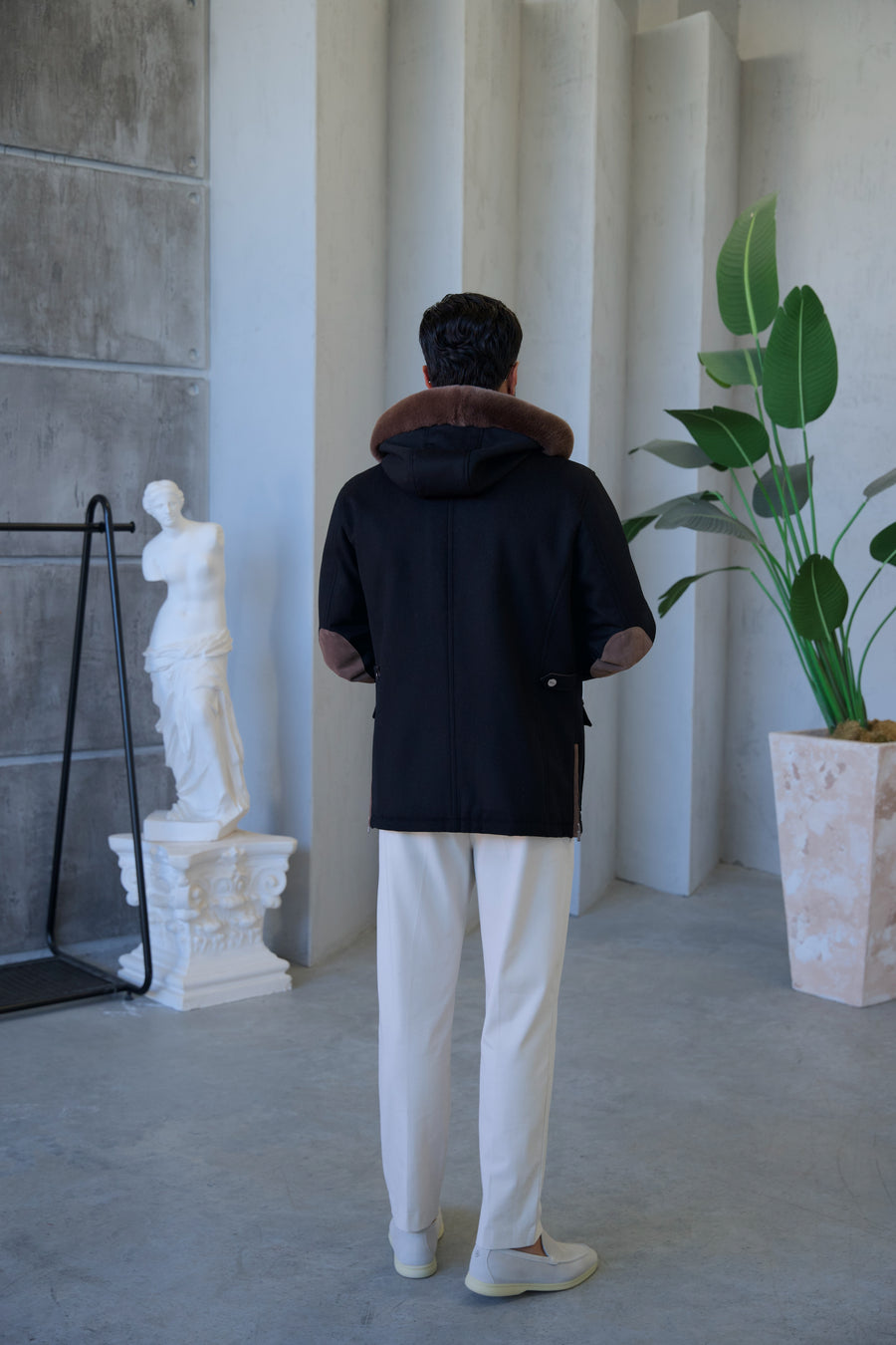 Cashmere Stylish Hooded Jacket with Knitted Lining and Rabbit Fur Trim