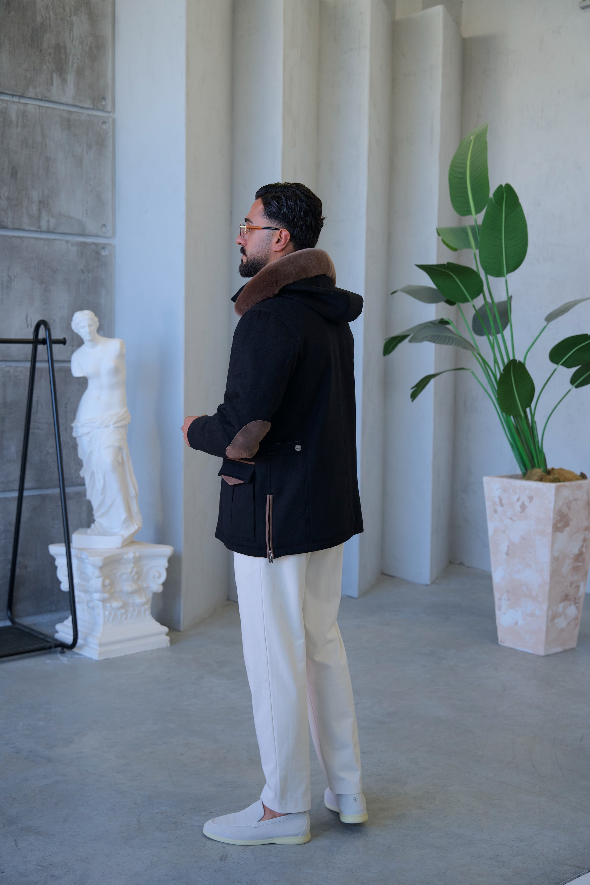 Cashmere Stylish Hooded Jacket with Knitted Lining and Rabbit Fur Trim