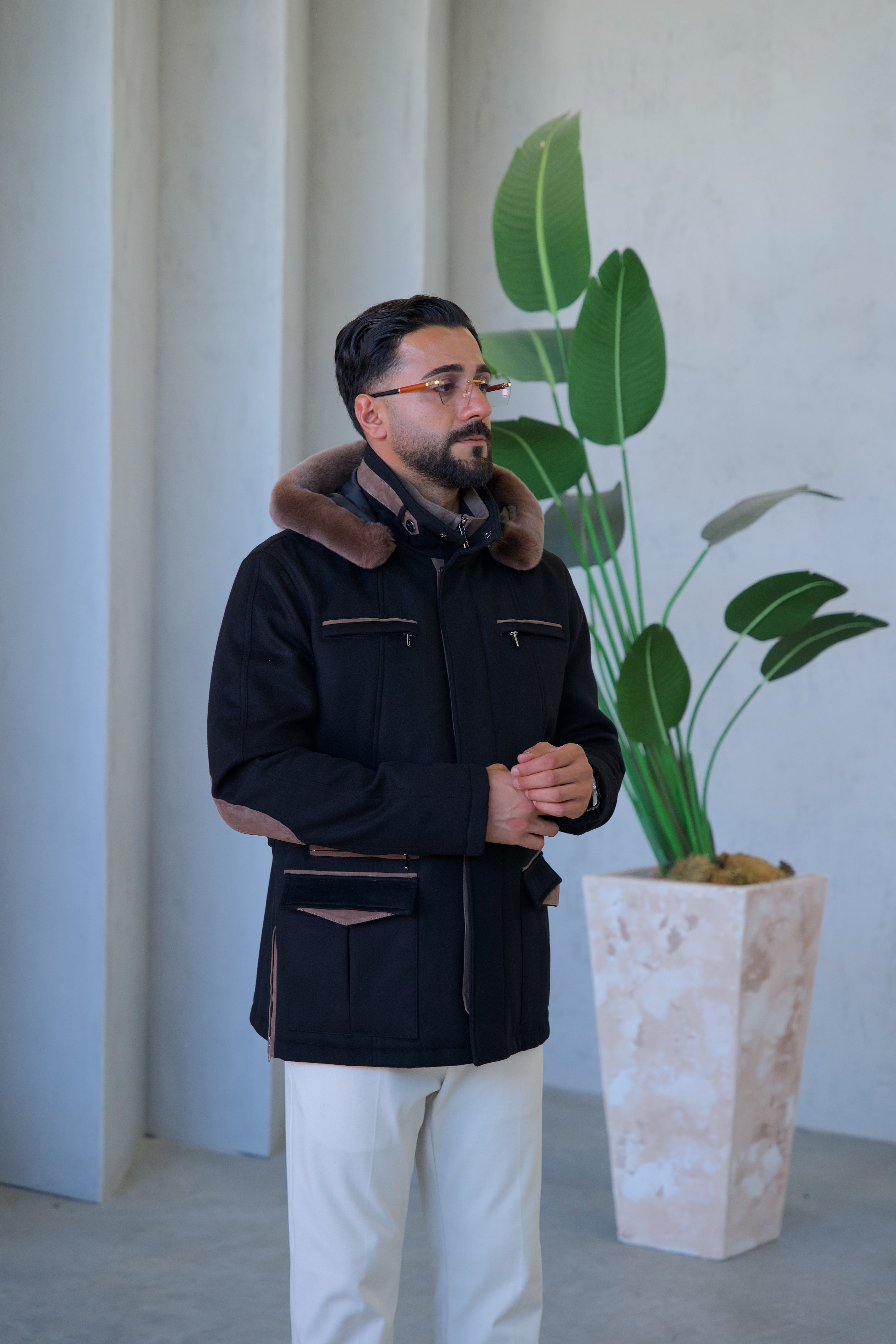 Cashmere Stylish Hooded Jacket with Knitted Lining and Rabbit Fur Trim