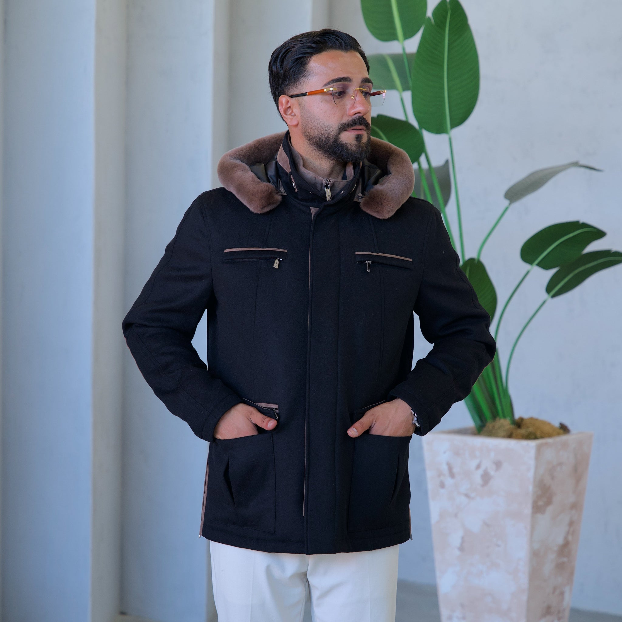 Cashmere Stylish Hooded Jacket with Knitted Lining and Rabbit Fur Trim