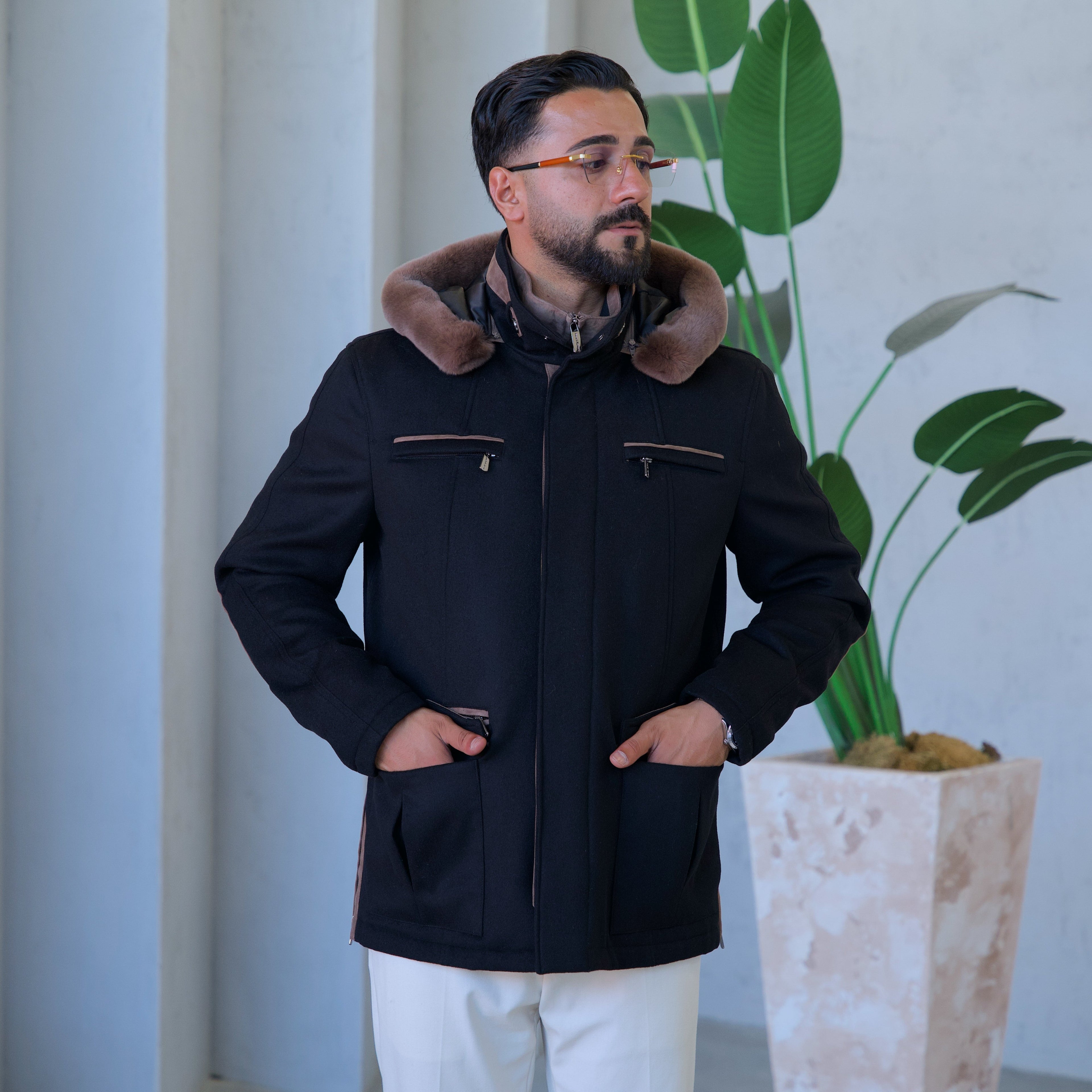 Cashmere Stylish Hooded Jacket with Knitted Lining and Rabbit Fur Trim
