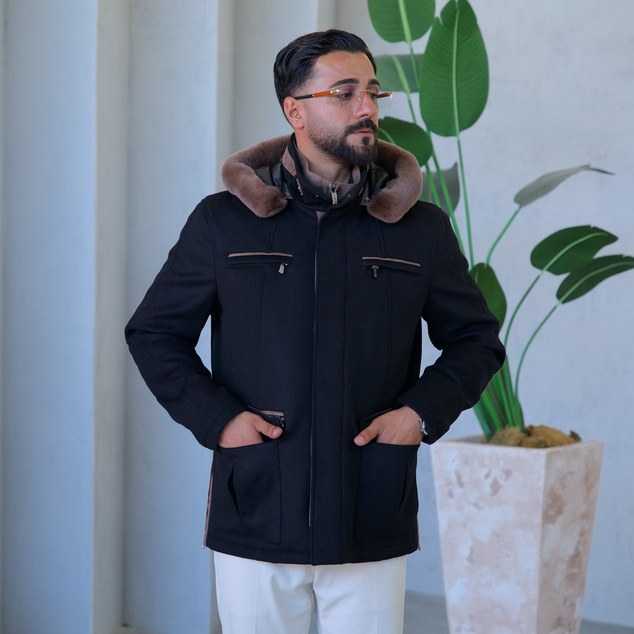 Cashmere Stylish Hooded Jacket with Knitted Lining and Rabbit Fur Trim