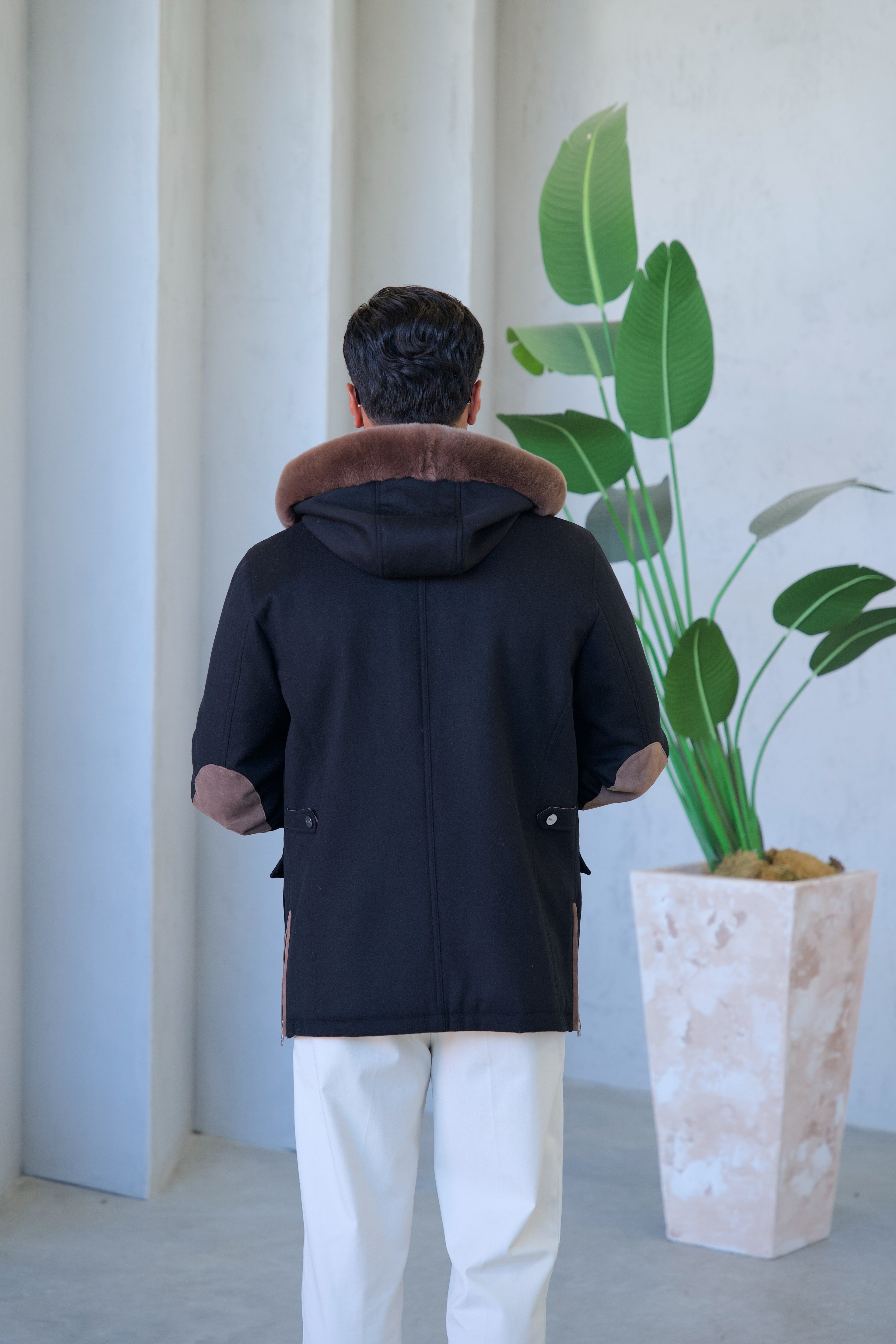 Cashmere Stylish Hooded Jacket with Knitted Lining and Rabbit Fur Trim
