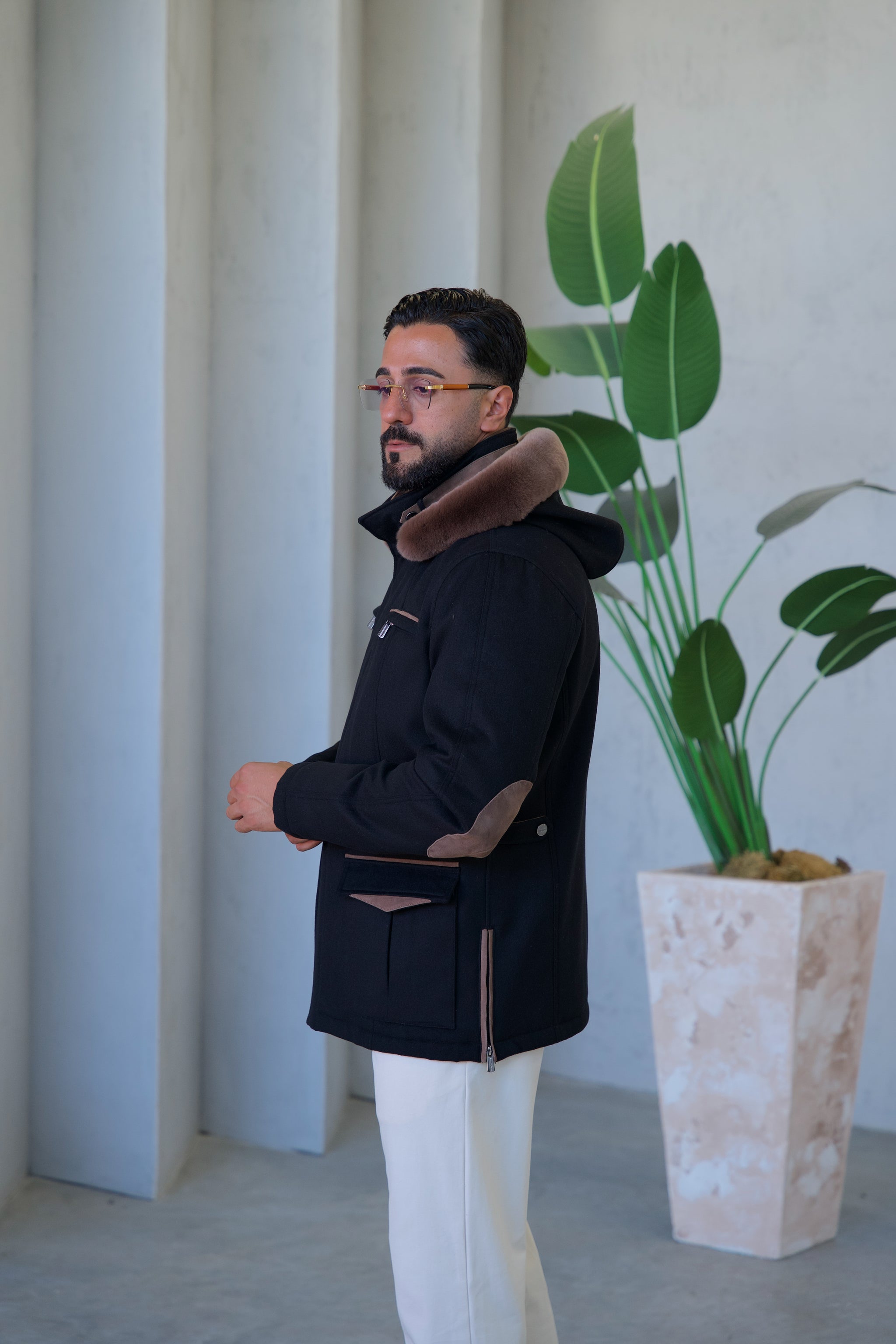 Cashmere Stylish Hooded Jacket with Knitted Lining and Rabbit Fur Trim