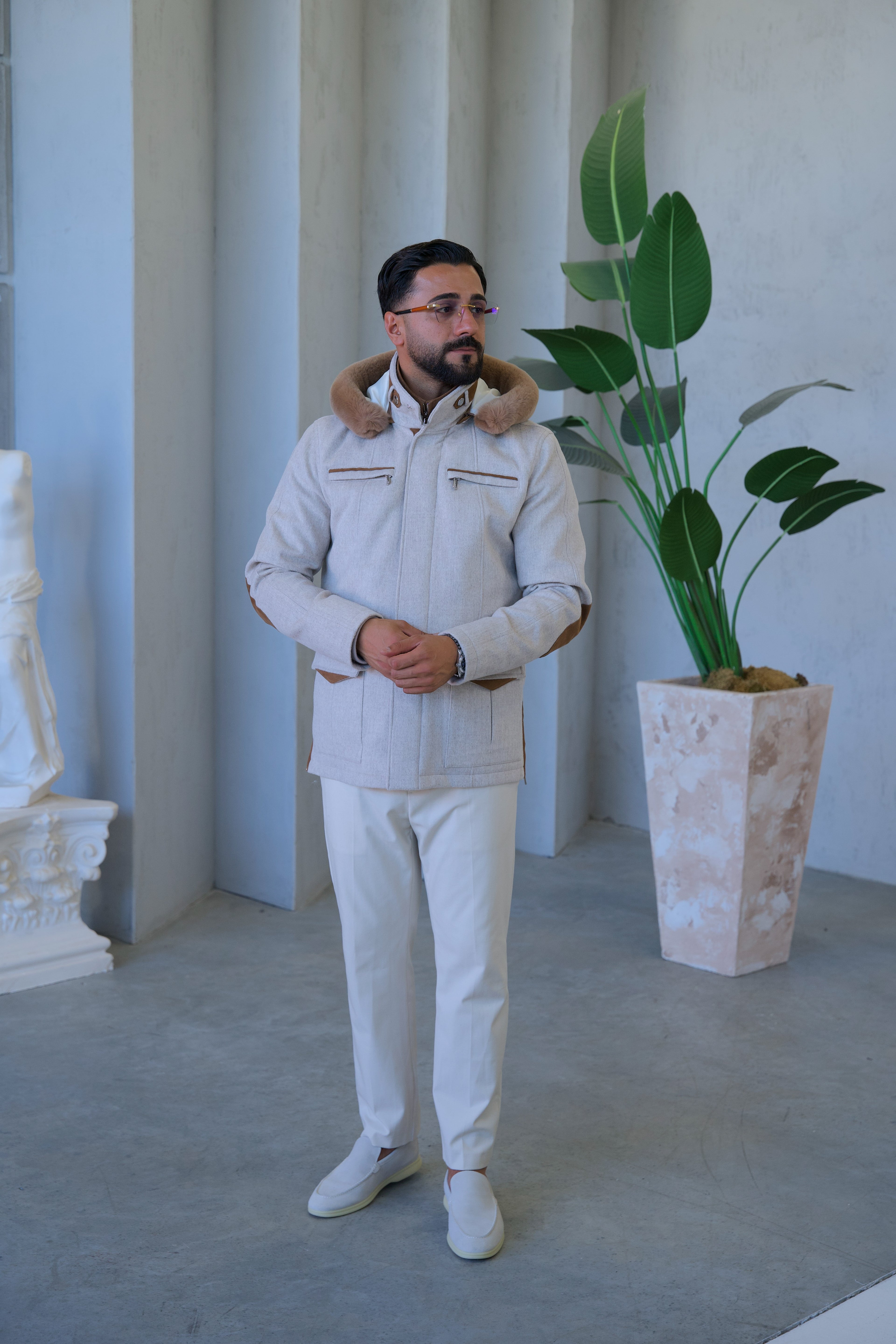 Cashmere Stylish Hooded Jacket with Knitted Lining and Rabbit Fur Trim