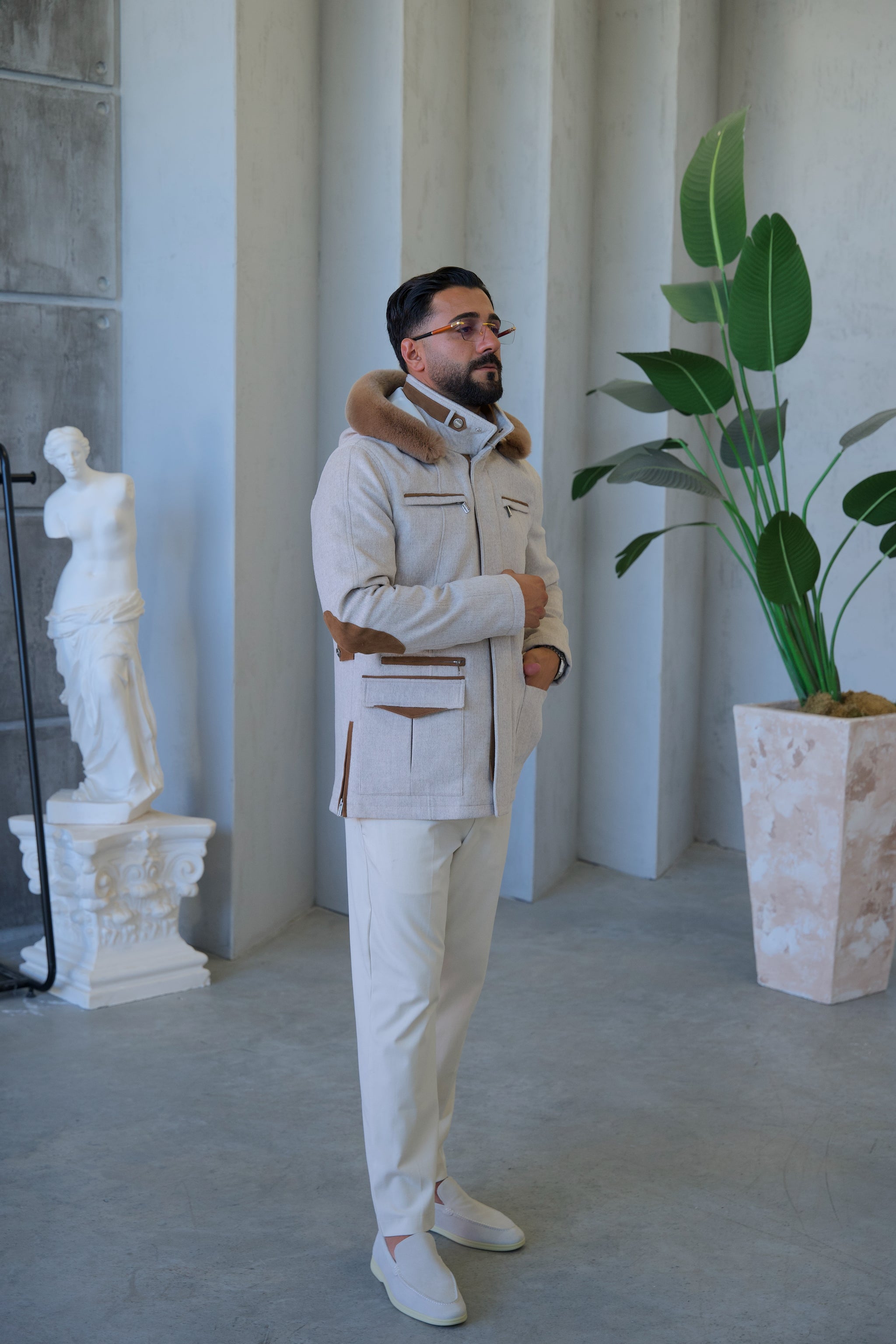 Cashmere Stylish Hooded Jacket with Knitted Lining and Rabbit Fur Trim