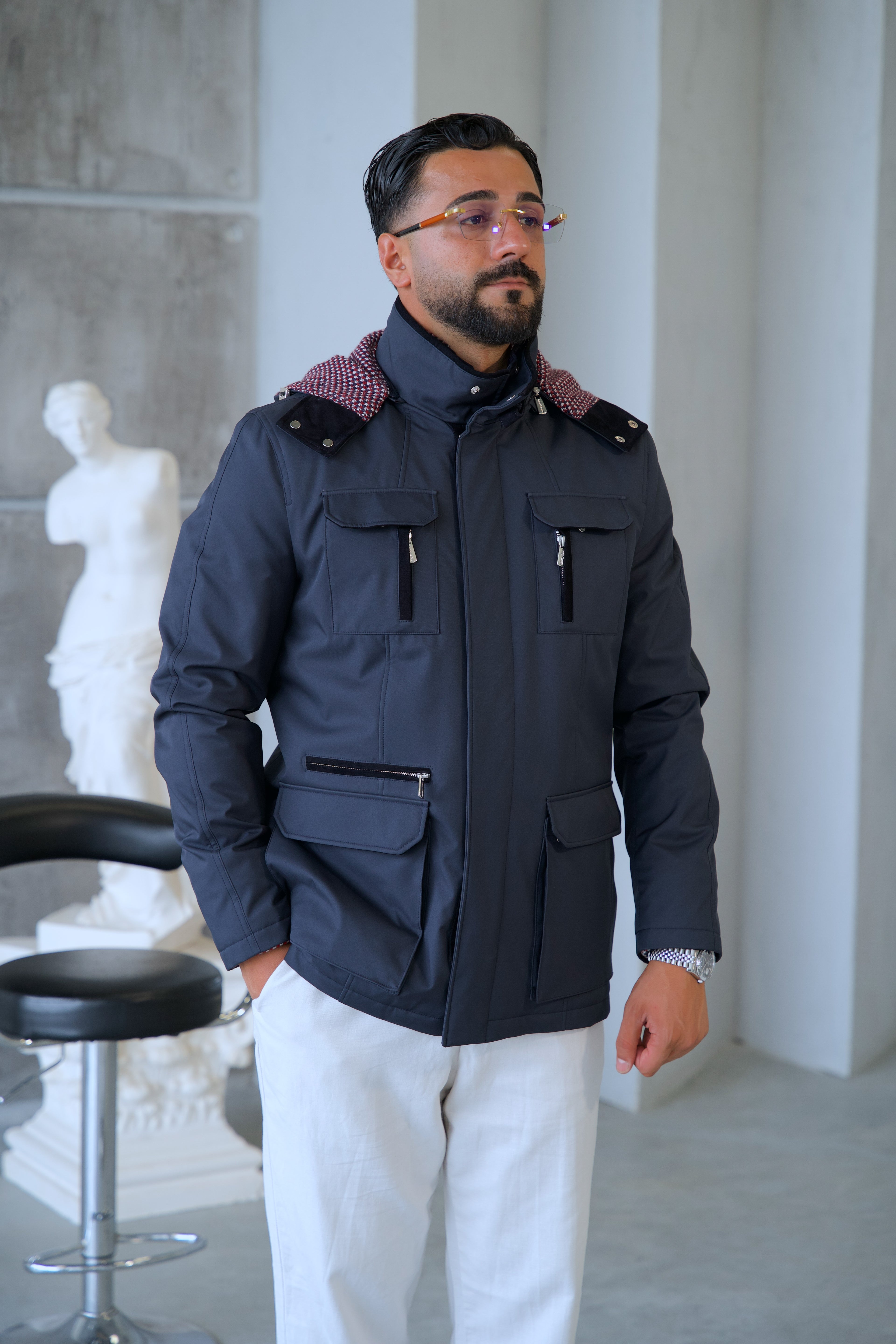 Men's Waterproof Hooded Jacket with Rabbit Fur Trim