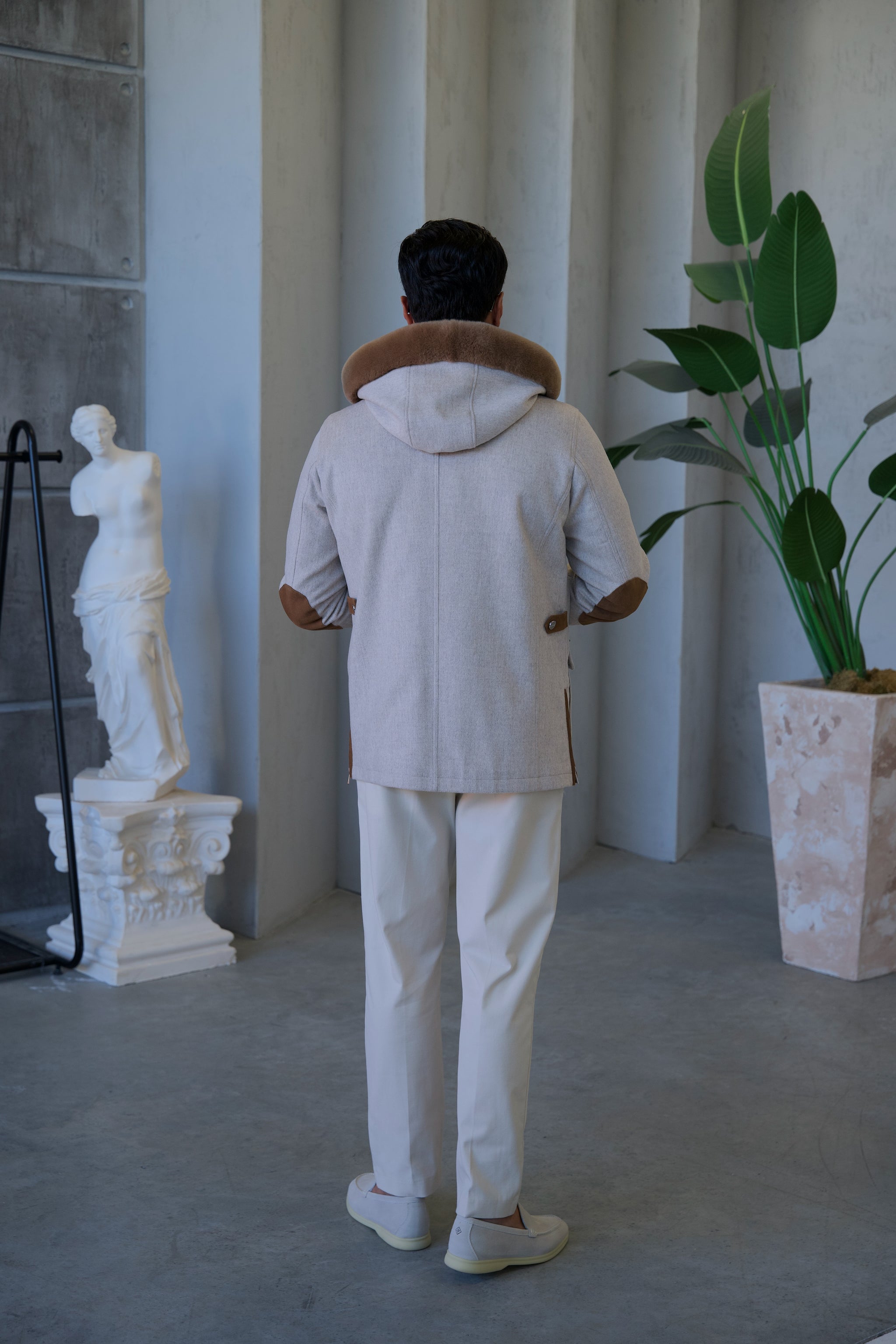 Cashmere Stylish Hooded Jacket with Knitted Lining and Rabbit Fur Trim