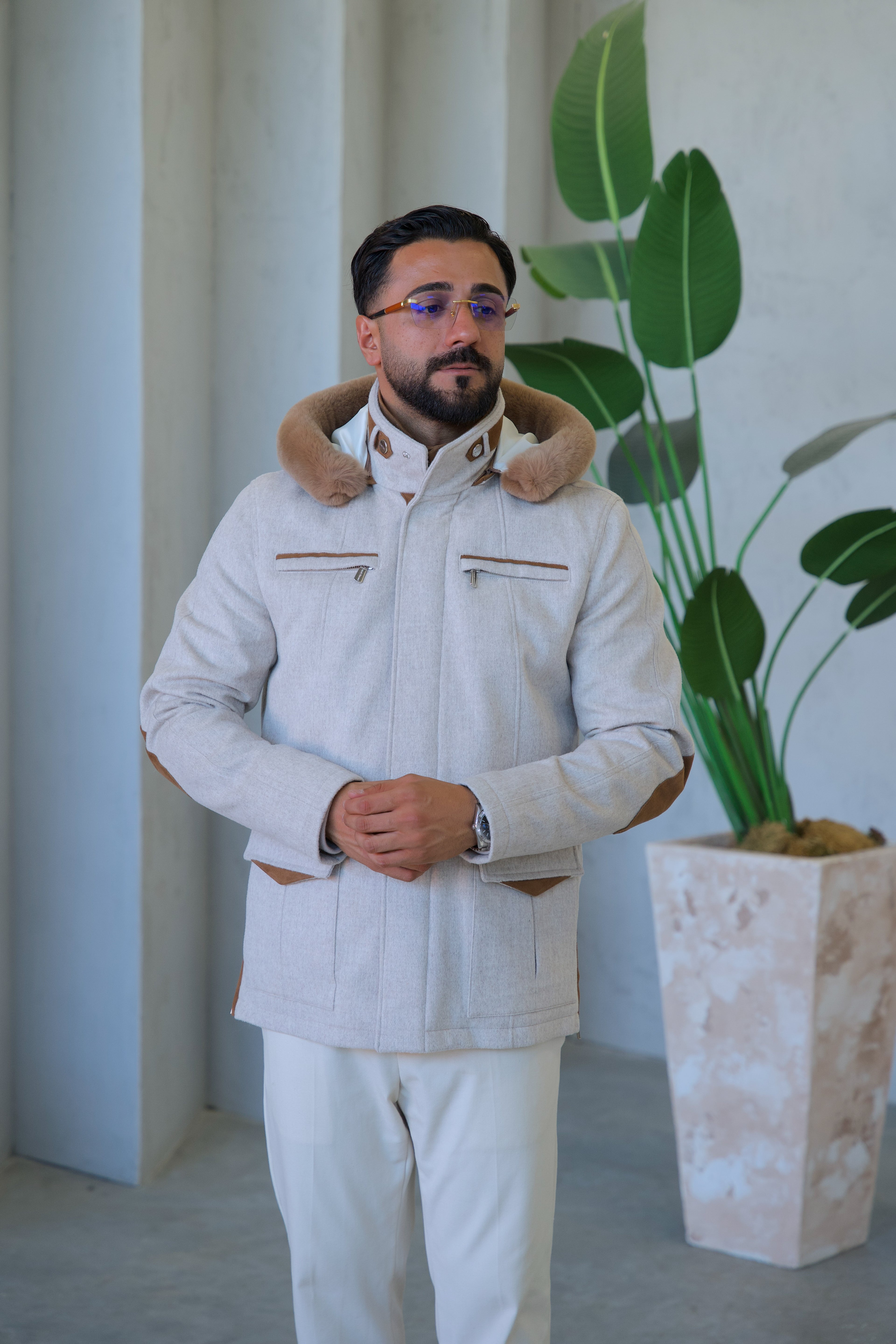 Cashmere Stylish Hooded Jacket with Knitted Lining and Rabbit Fur Trim