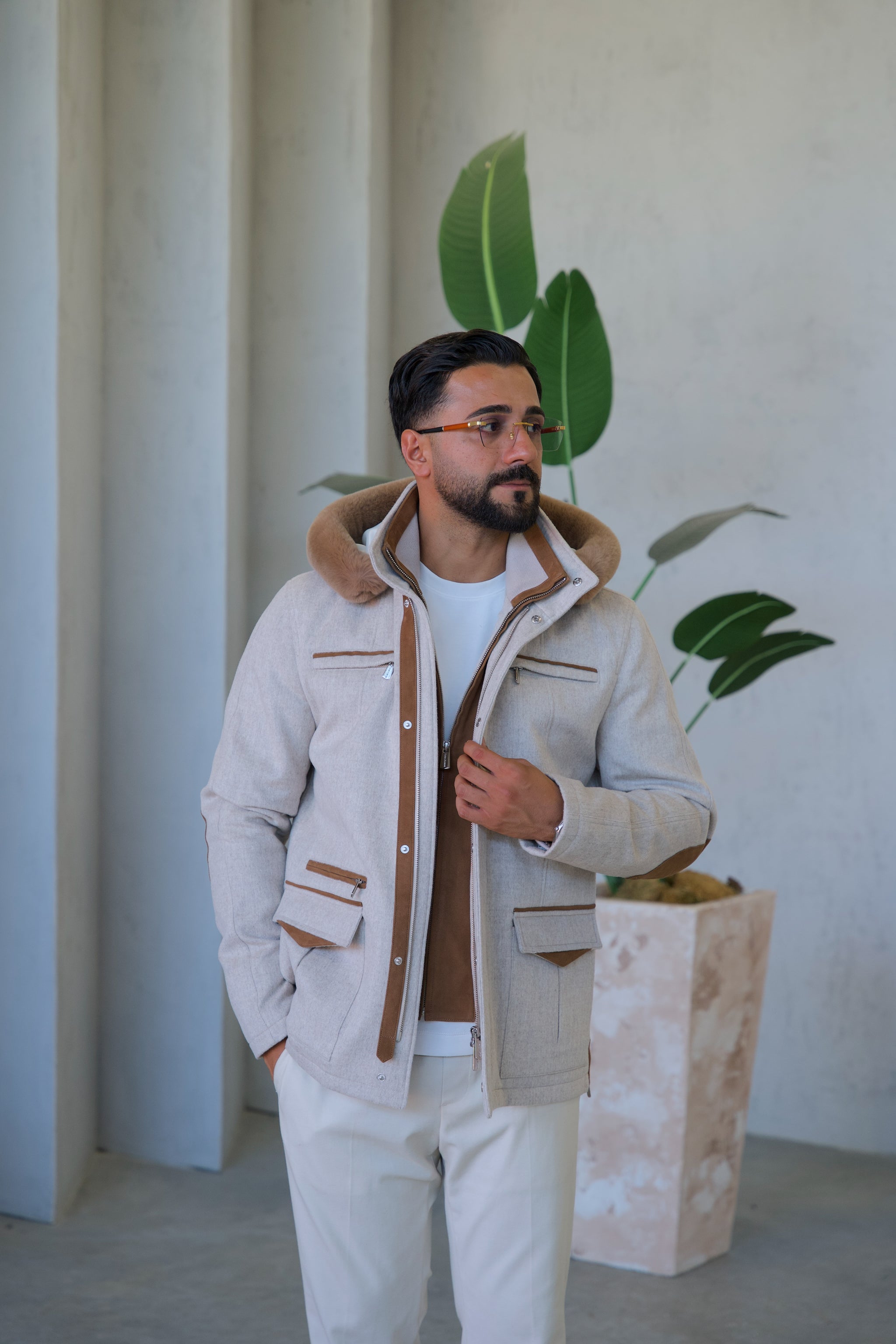 Cashmere Stylish Hooded Jacket with Knitted Lining and Rabbit Fur Trim