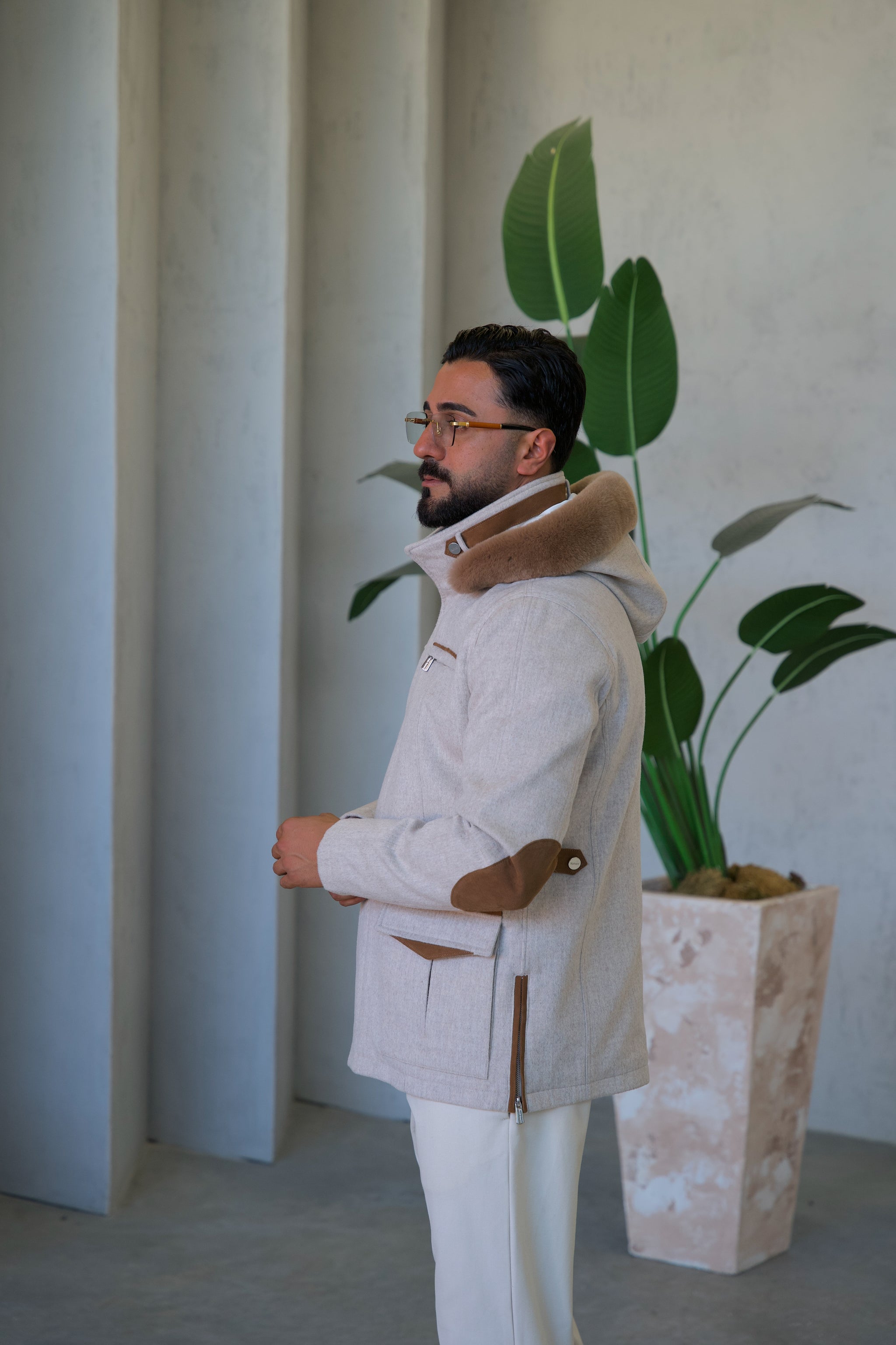 Cashmere Stylish Hooded Jacket with Knitted Lining and Rabbit Fur Trim