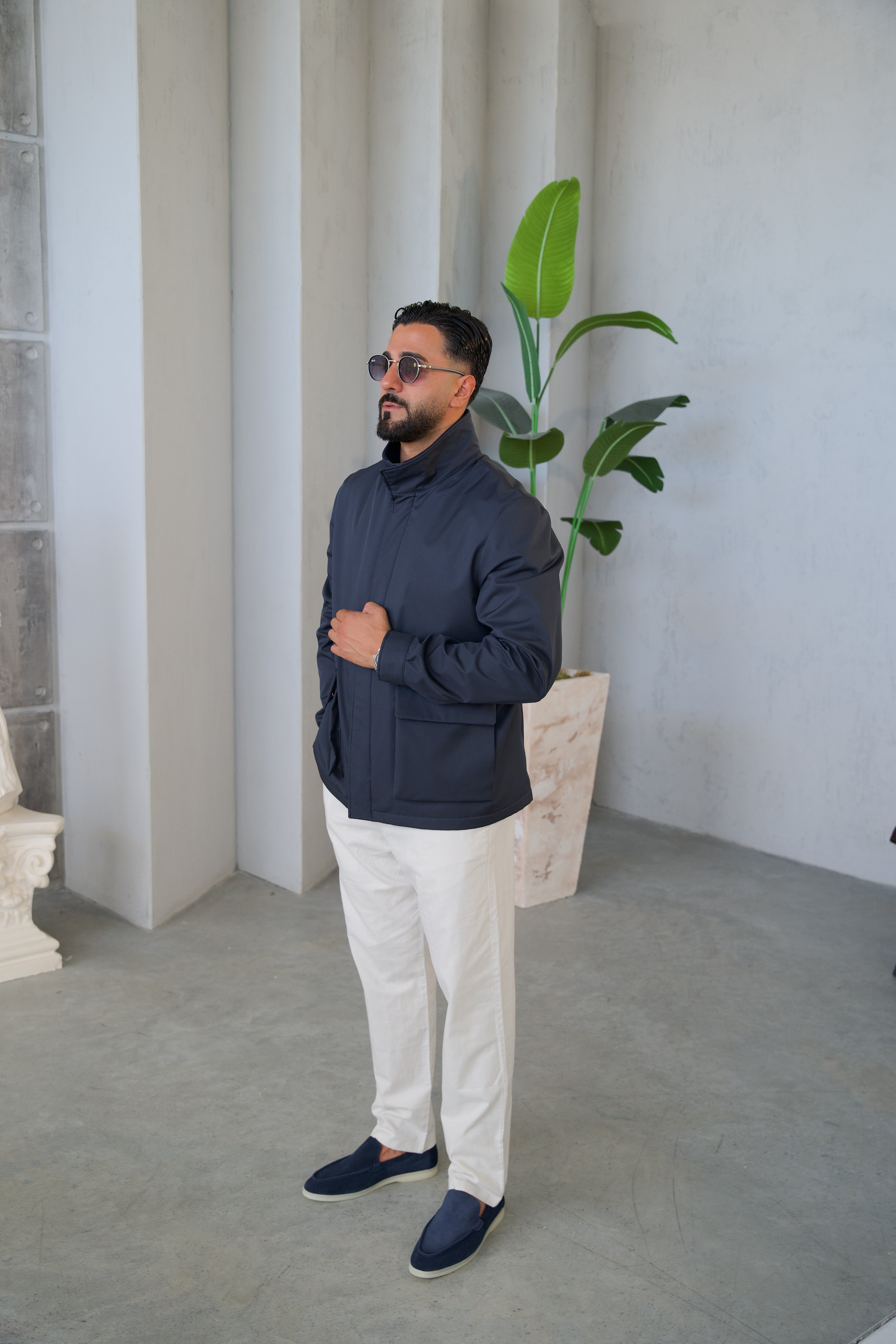 Men's Jacket with Double Pockets and Knitted Collar