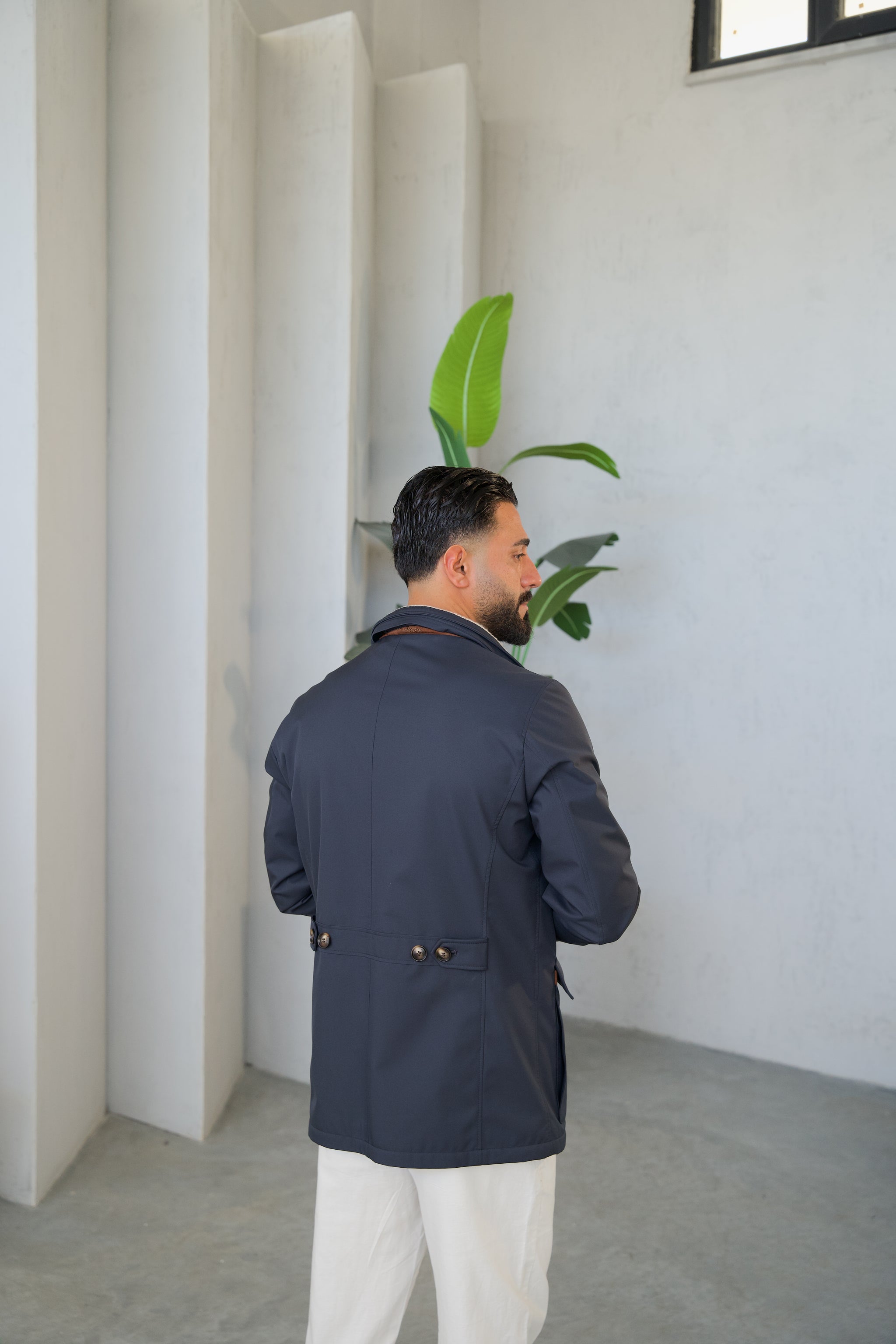 Men's Jacket with Double Pockets and Knitted Collar