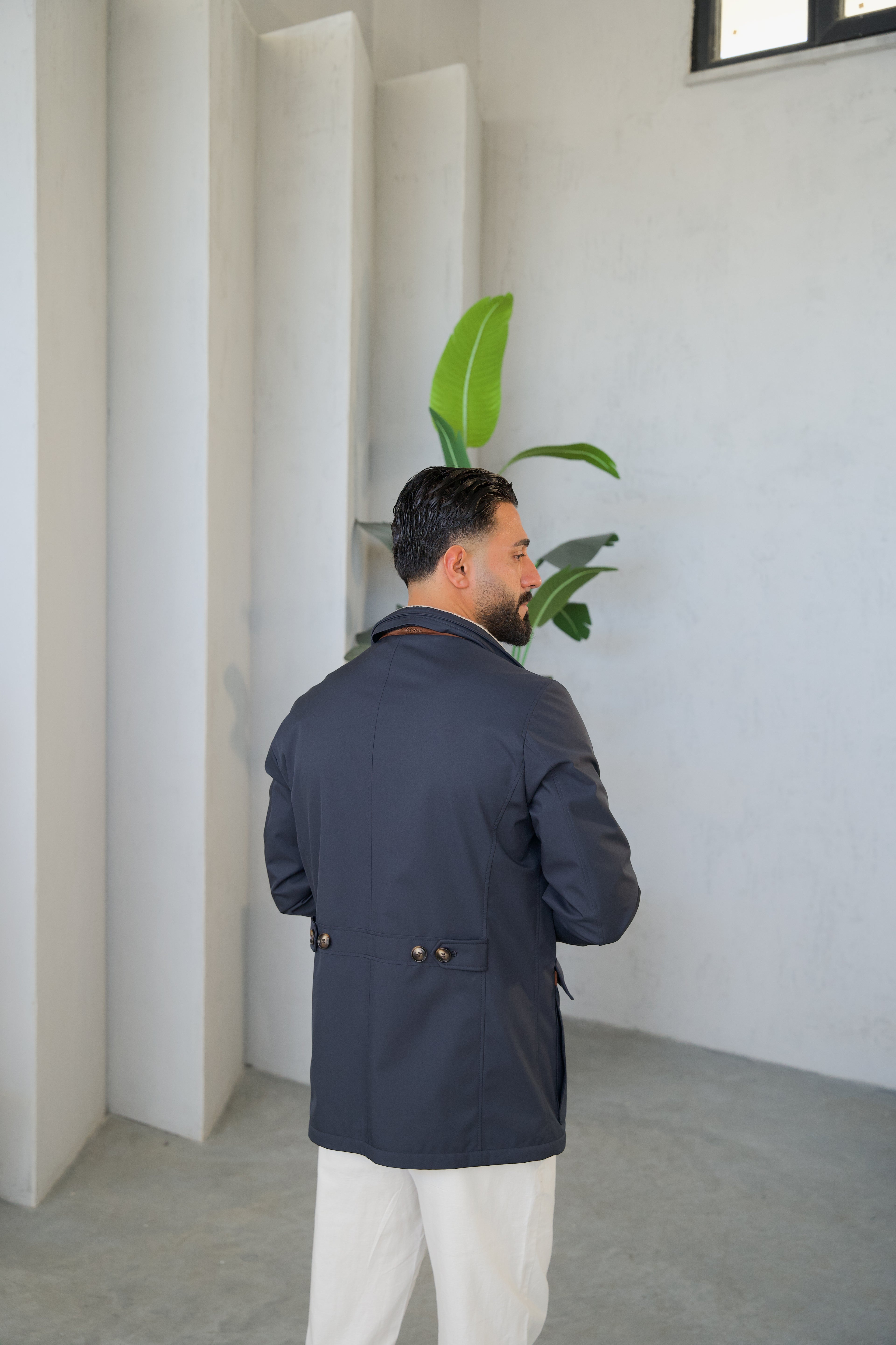 Men's Jacket with Double Pockets and Knitted Collar