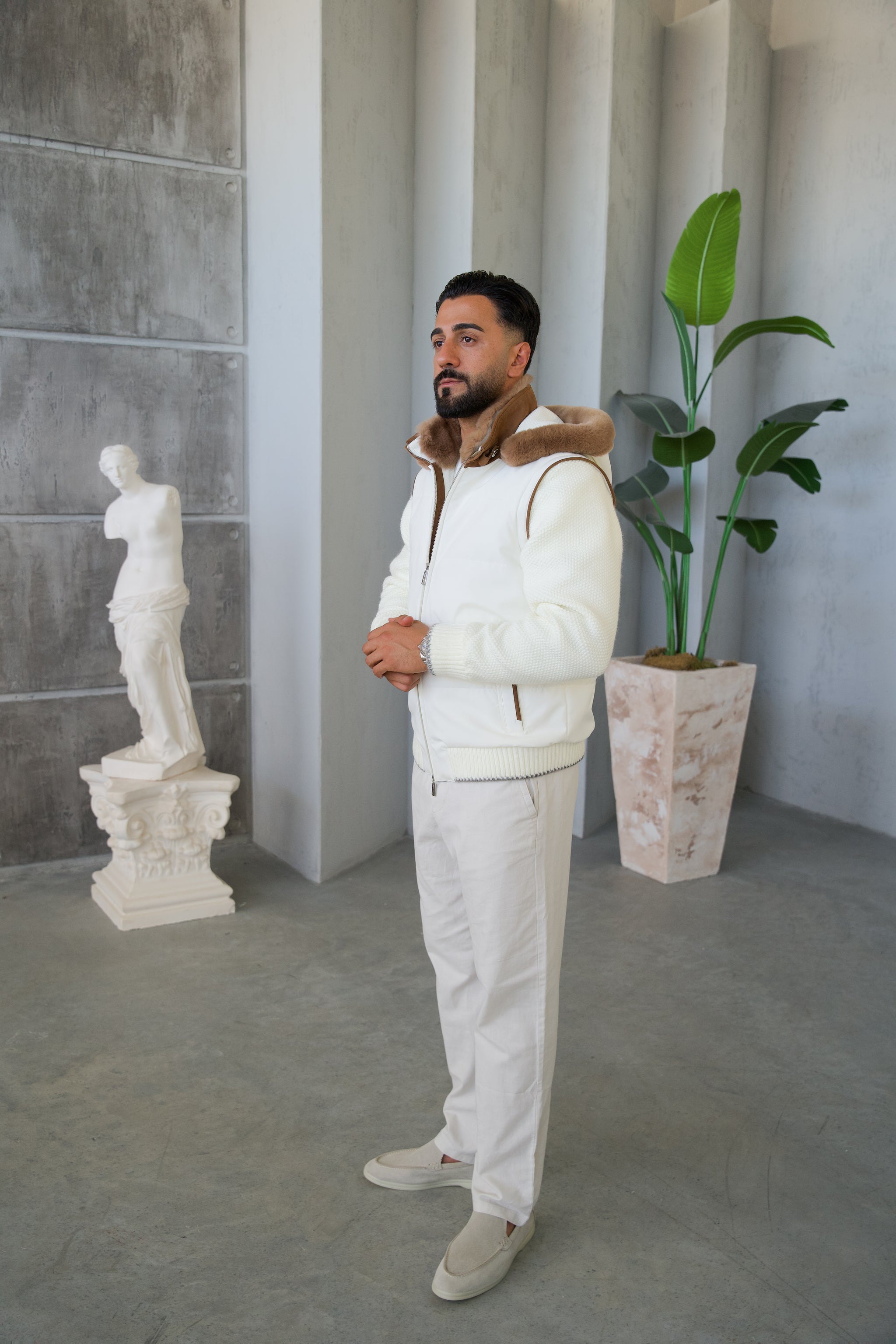 Men's Waterproof Fabric Hooded Jacket with Fur Lining, Knitted Sleeves