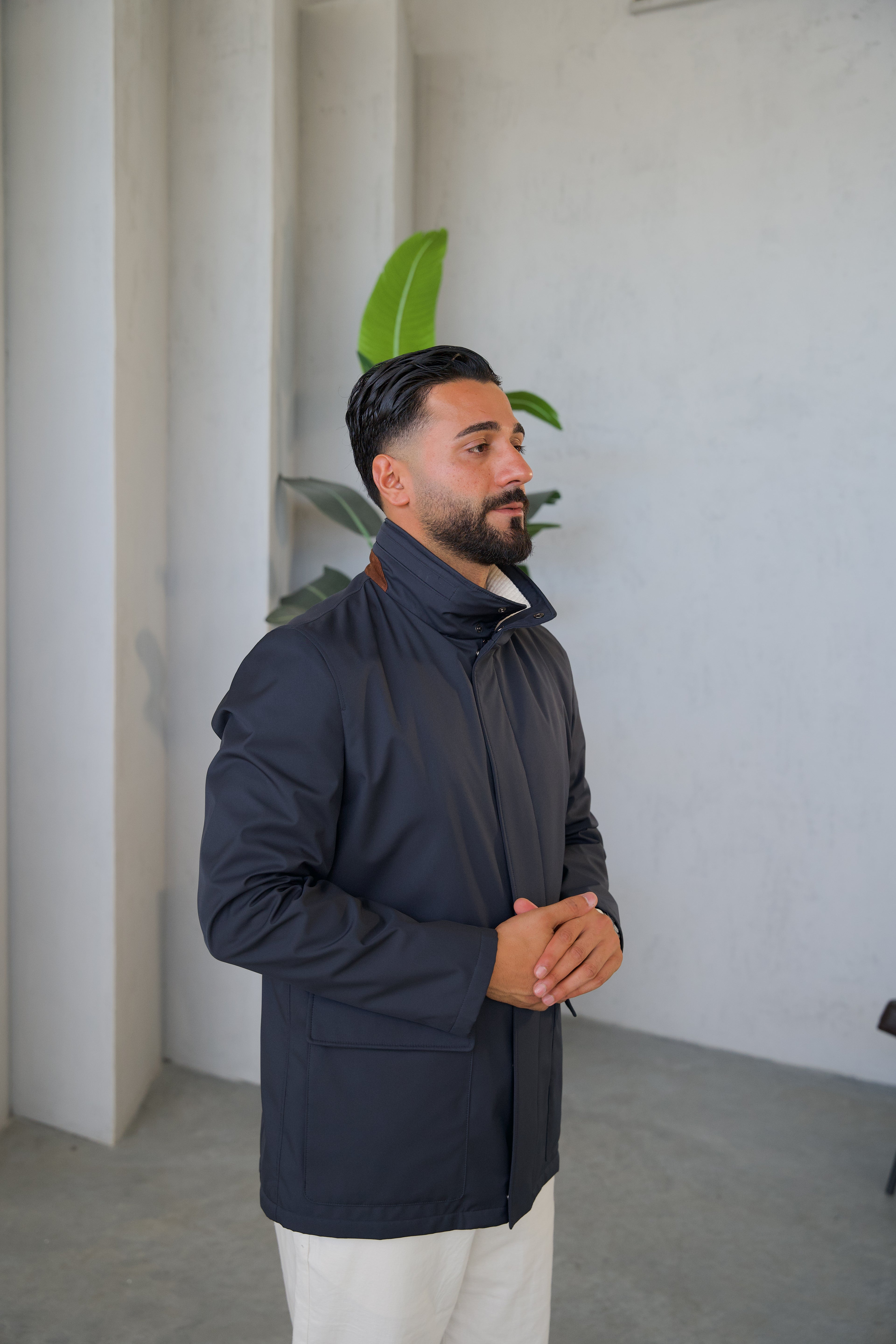 Men's Jacket with Double Pockets and Knitted Collar
