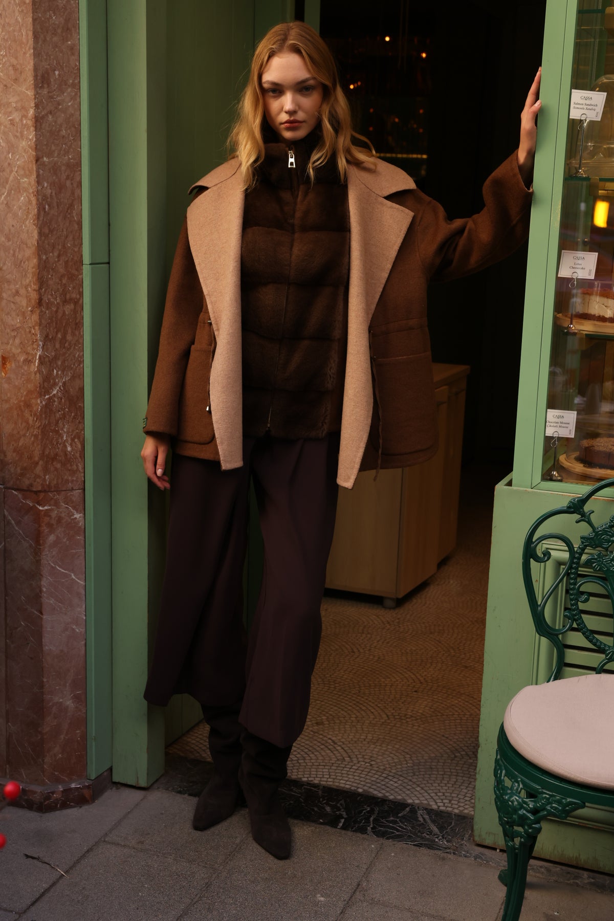 BEIGE BROWN ALPACA MINK FUR VEST JACKET -9478