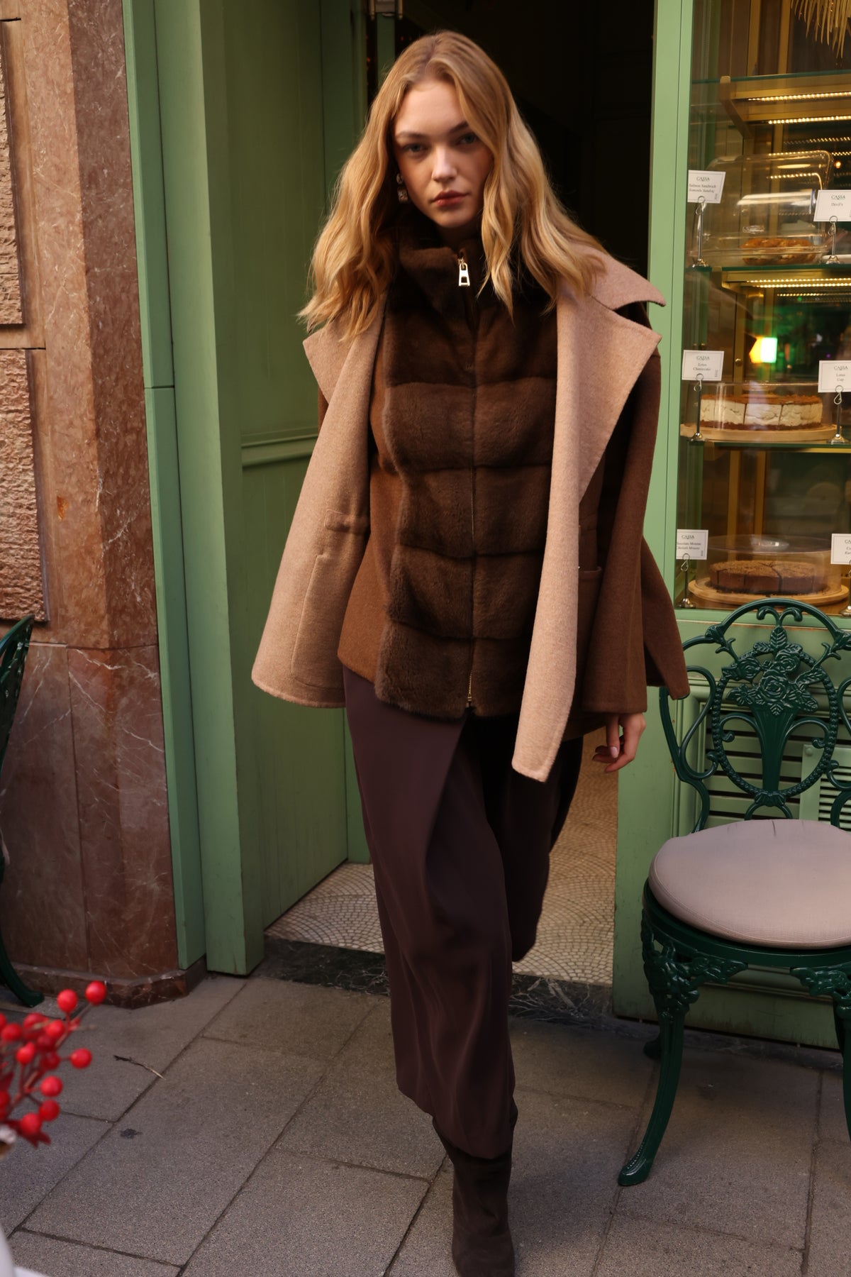 BEIGE BROWN ALPACA MINK FUR VEST JACKET -9478