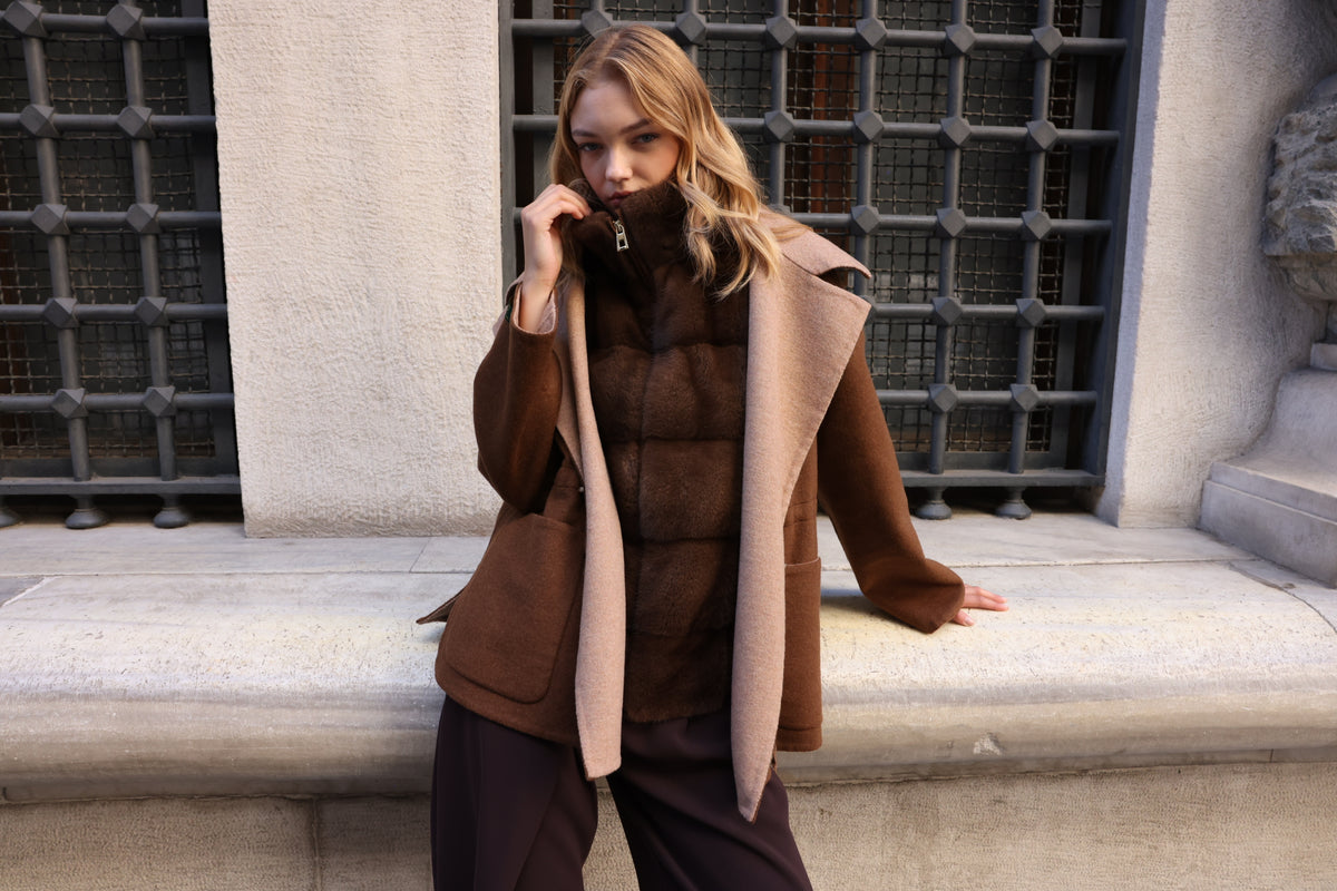 BEIGE BROWN ALPACA MINK FUR VEST JACKET -9478