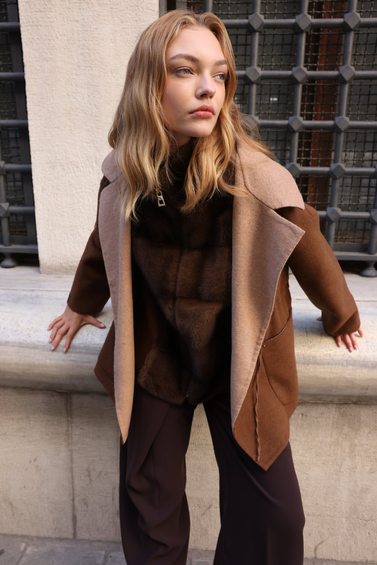 BEIGE BROWN ALPACA MINK FUR VEST JACKET -9478