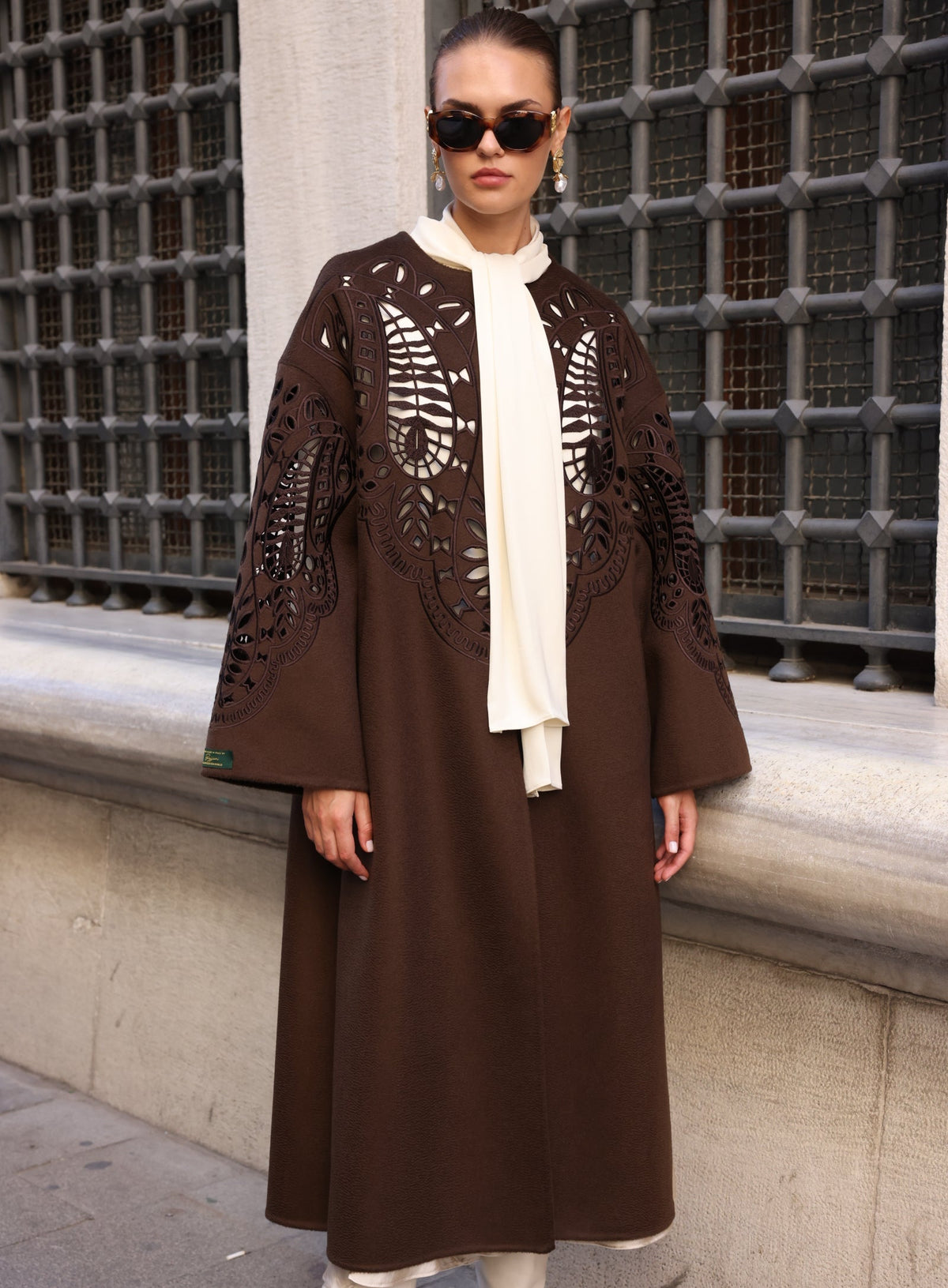 BROWN EMBROIDERED ALPACA COAT -9687